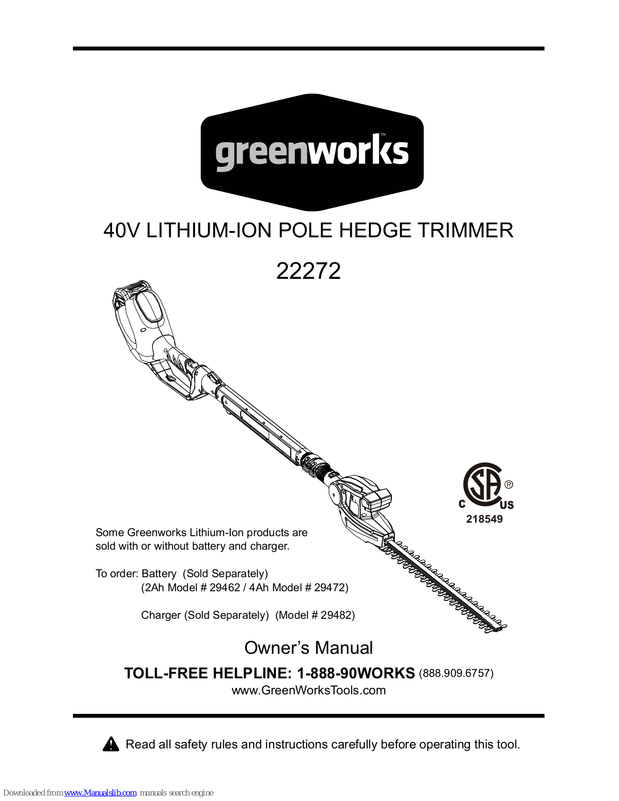 GreenWorks 22272, 22212 Owner's Manual