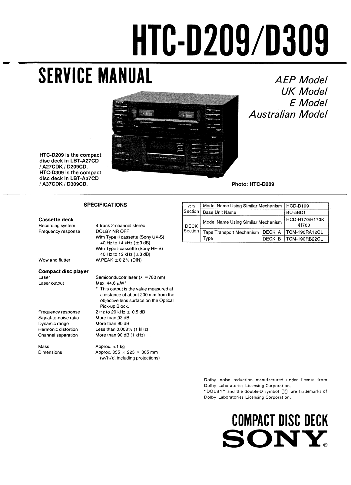 Sony HTCD-209, HTCD-309 Service manual