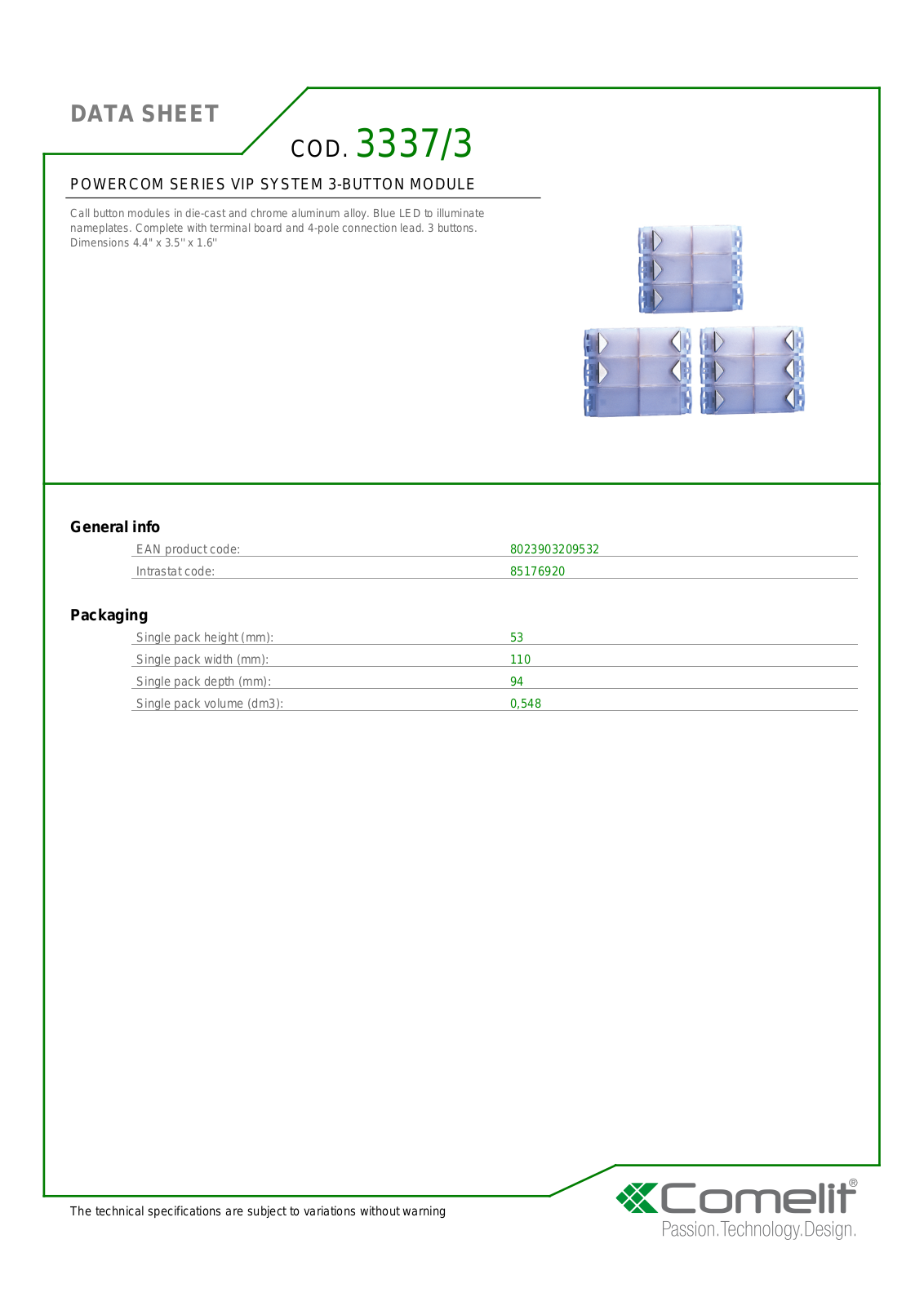 Comelit 3337-3 Specsheet