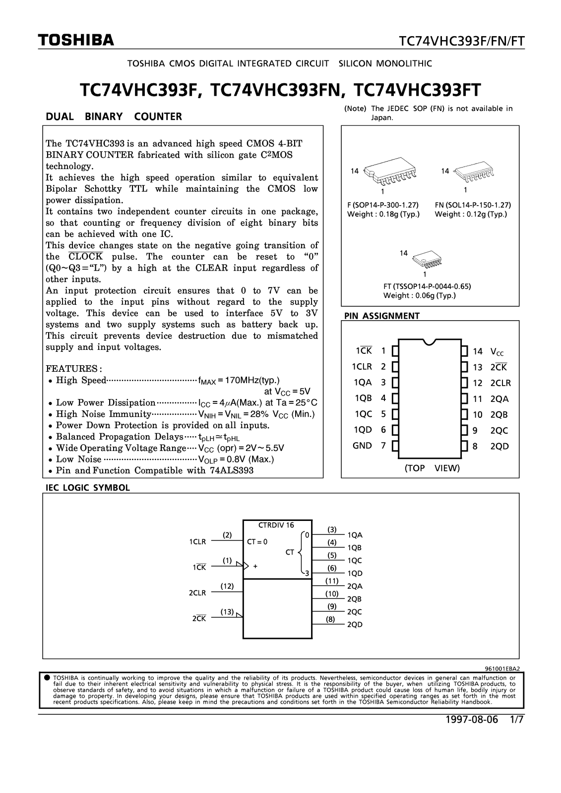 Toshiba TC74VHC393FN, TC74VHC393F Datasheet