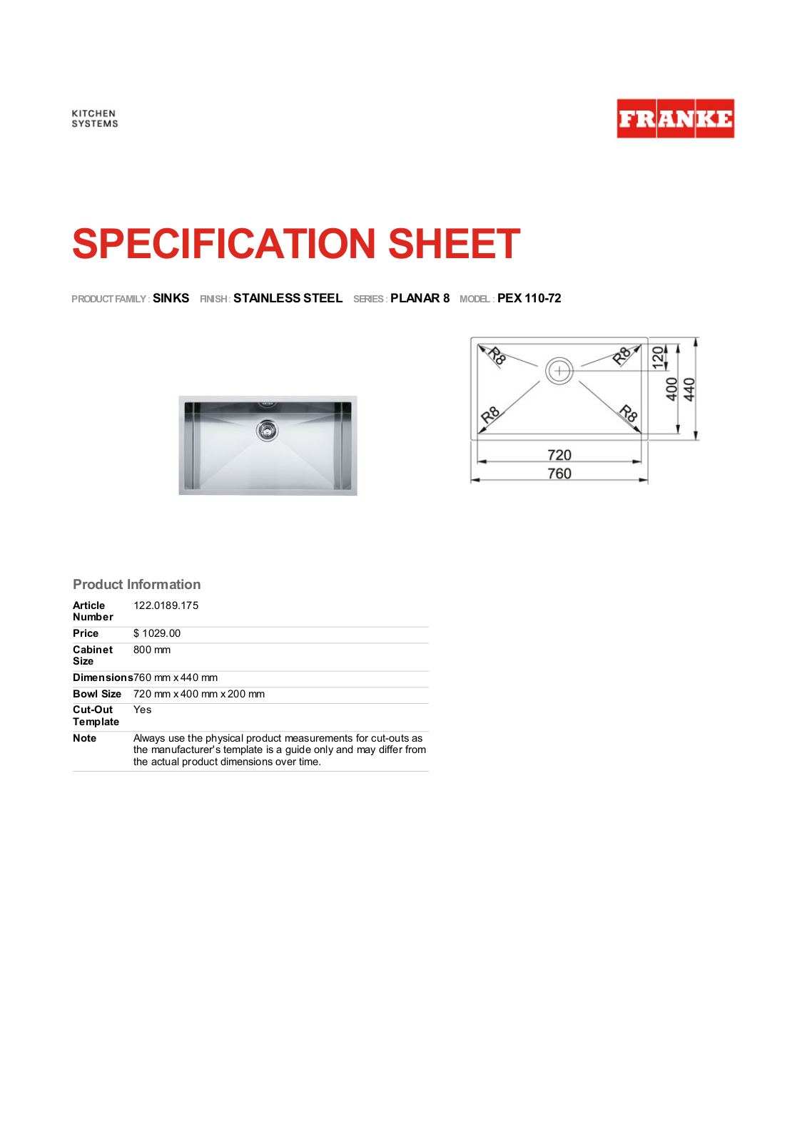 Franke Foodservice PEX 110-72 User Manual