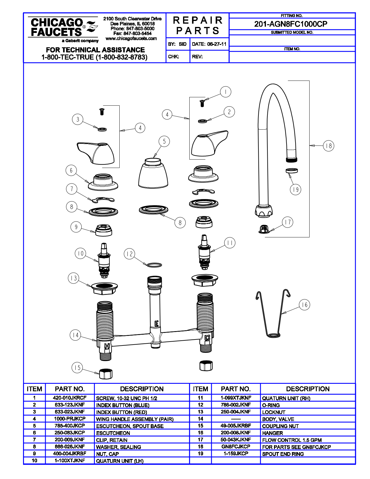 Chicago Faucet 201-AGN8FC1000 Parts List