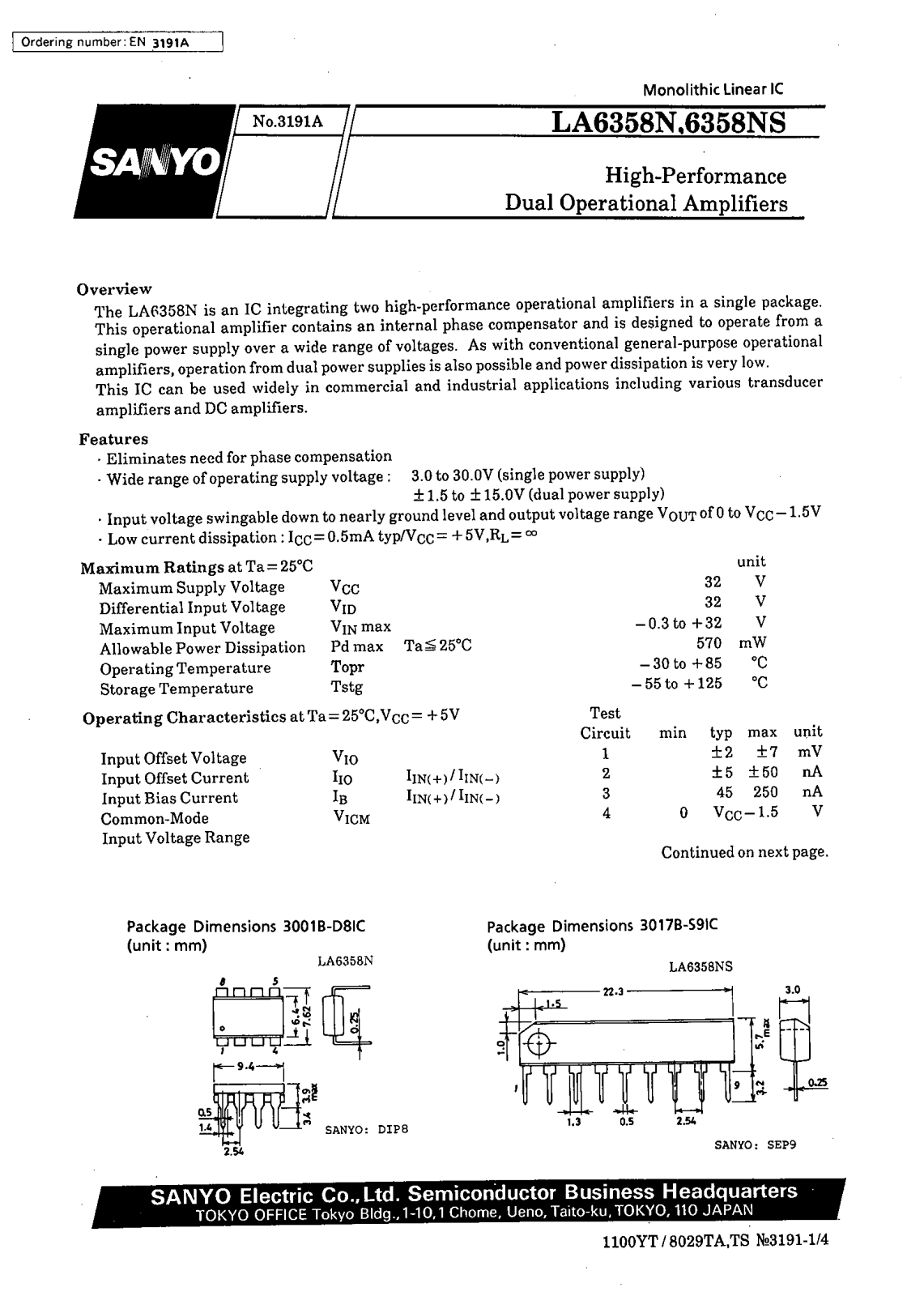 SANYO LA6358NS, LA6358N Datasheet