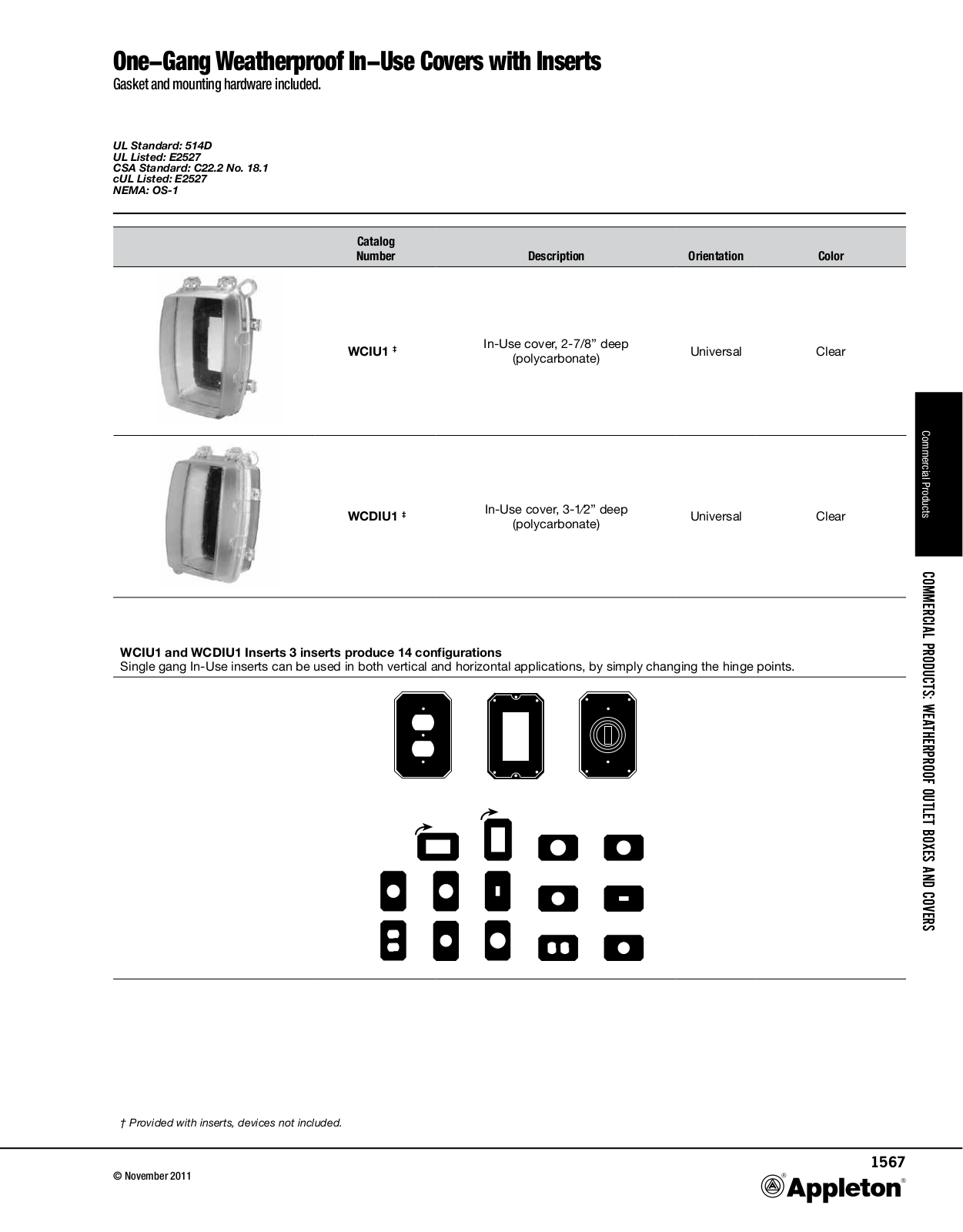 Appleton One-Gang Weatherproof In-Use Covers with Inserts Catalog Page