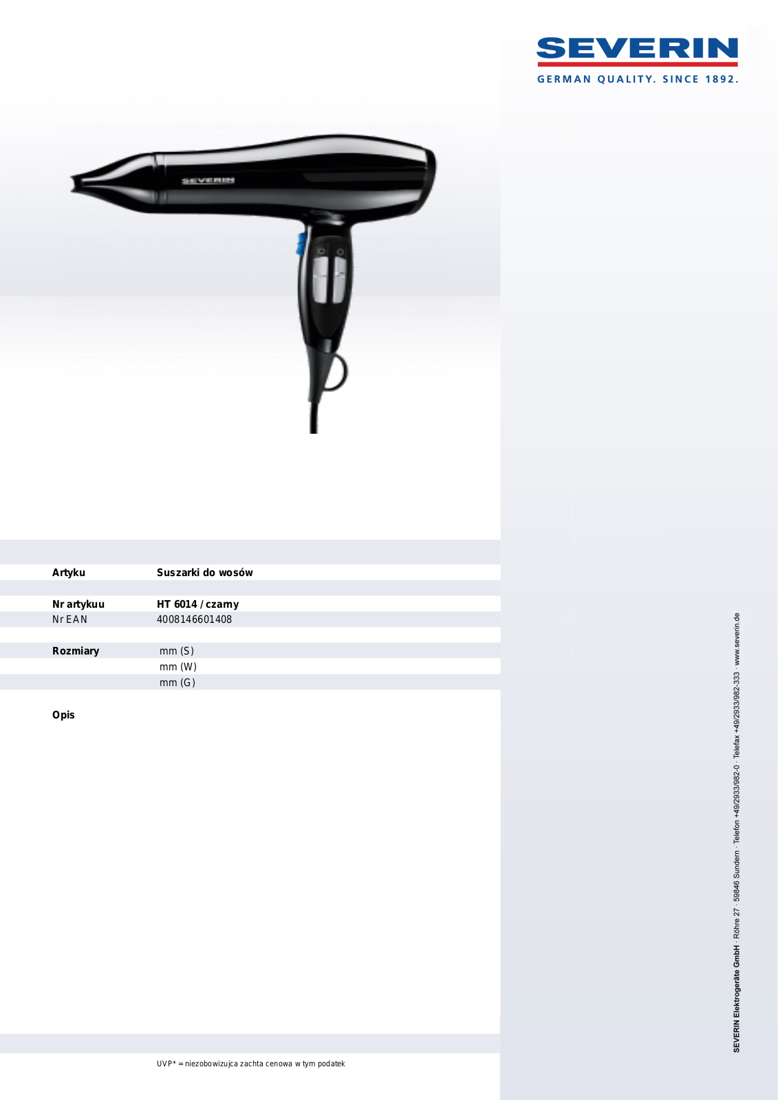 Severin HT 6014 PRODUCT DESCRIPTION