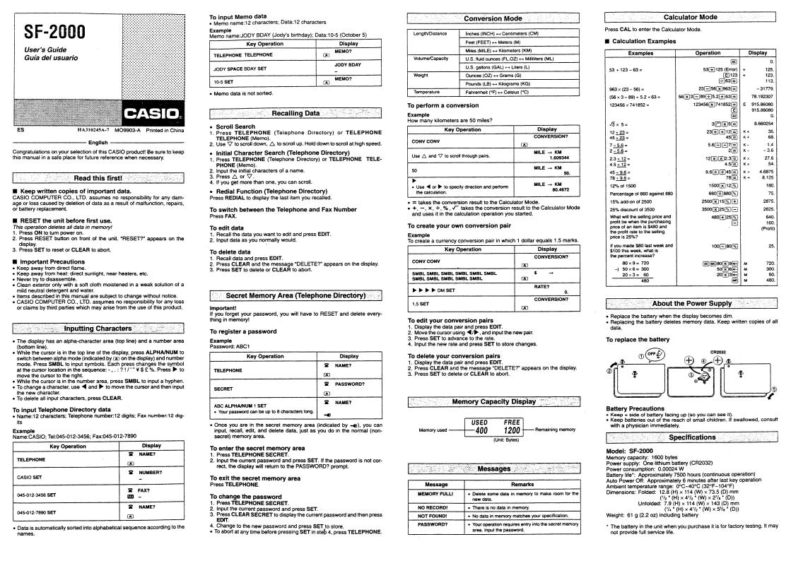 CASIO SF-2000 User Manual