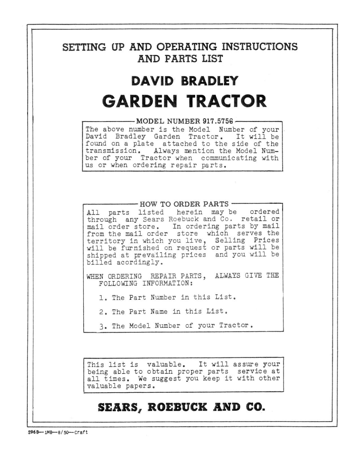 David Bradley 917.5756 Operating Instruction