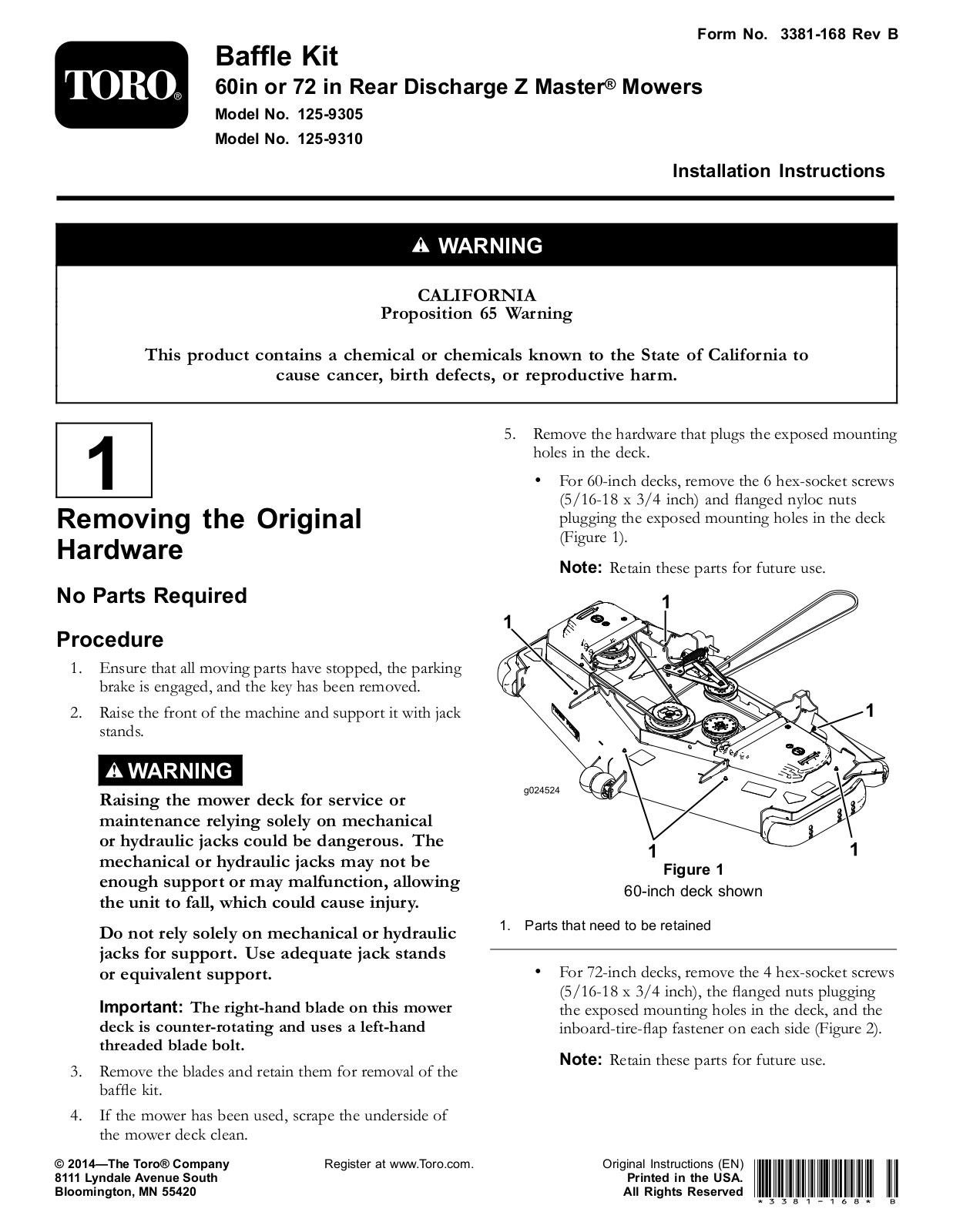 Toro 125-9305, 125-9310 Installation Instructions