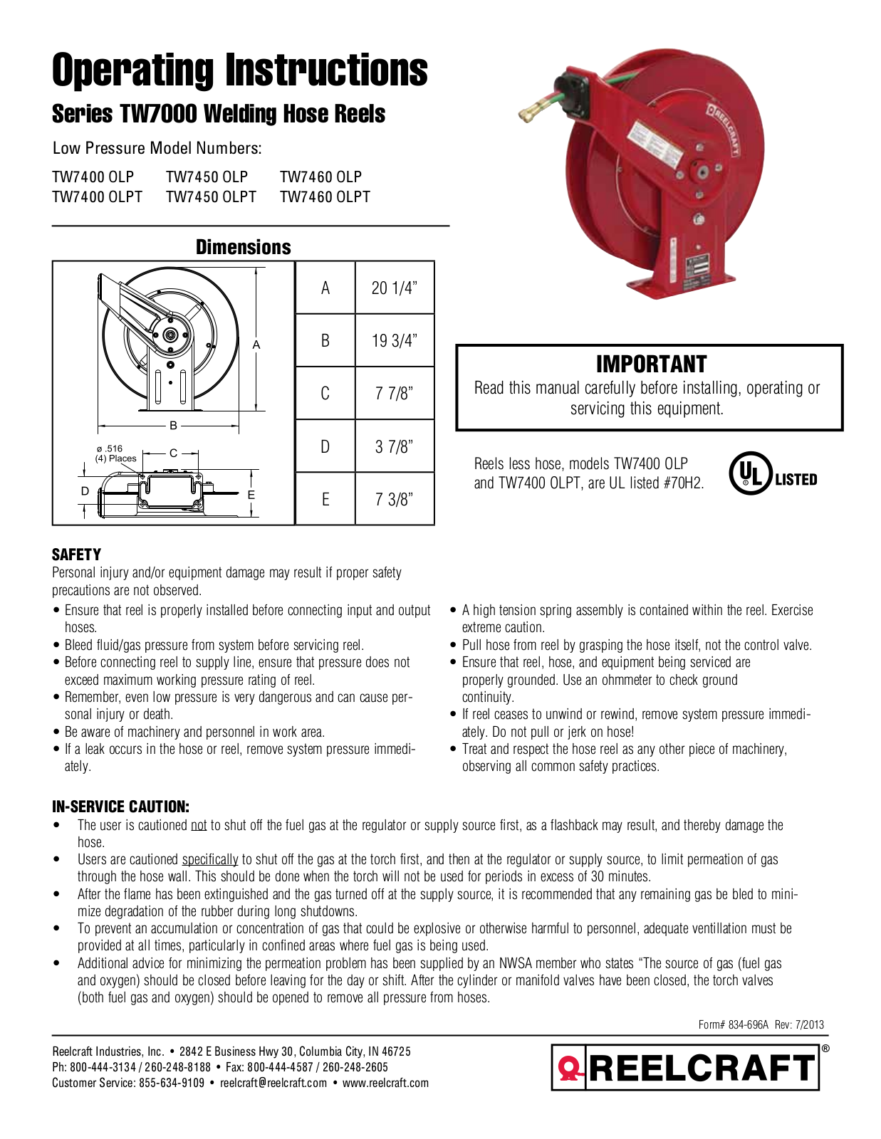 Reelcraft TW7000 User Manual