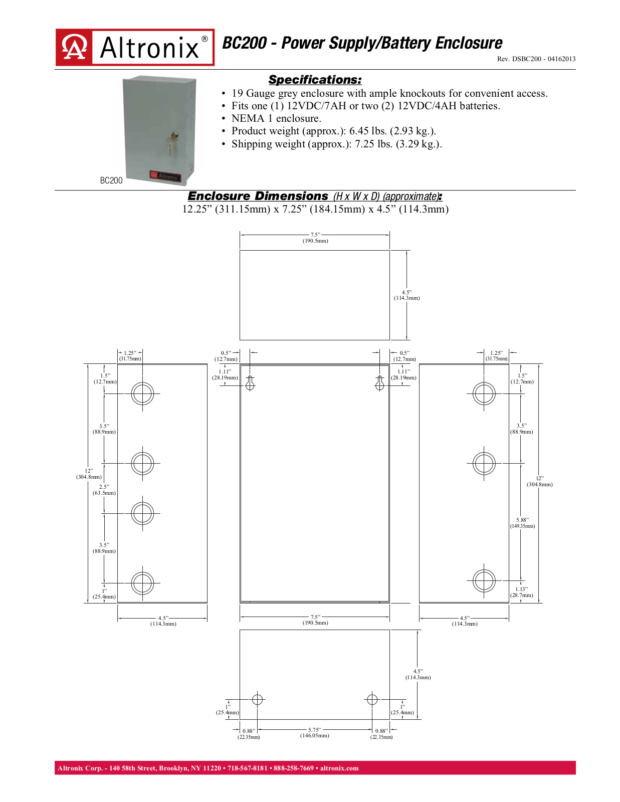 Altronix BC200 Specsheet