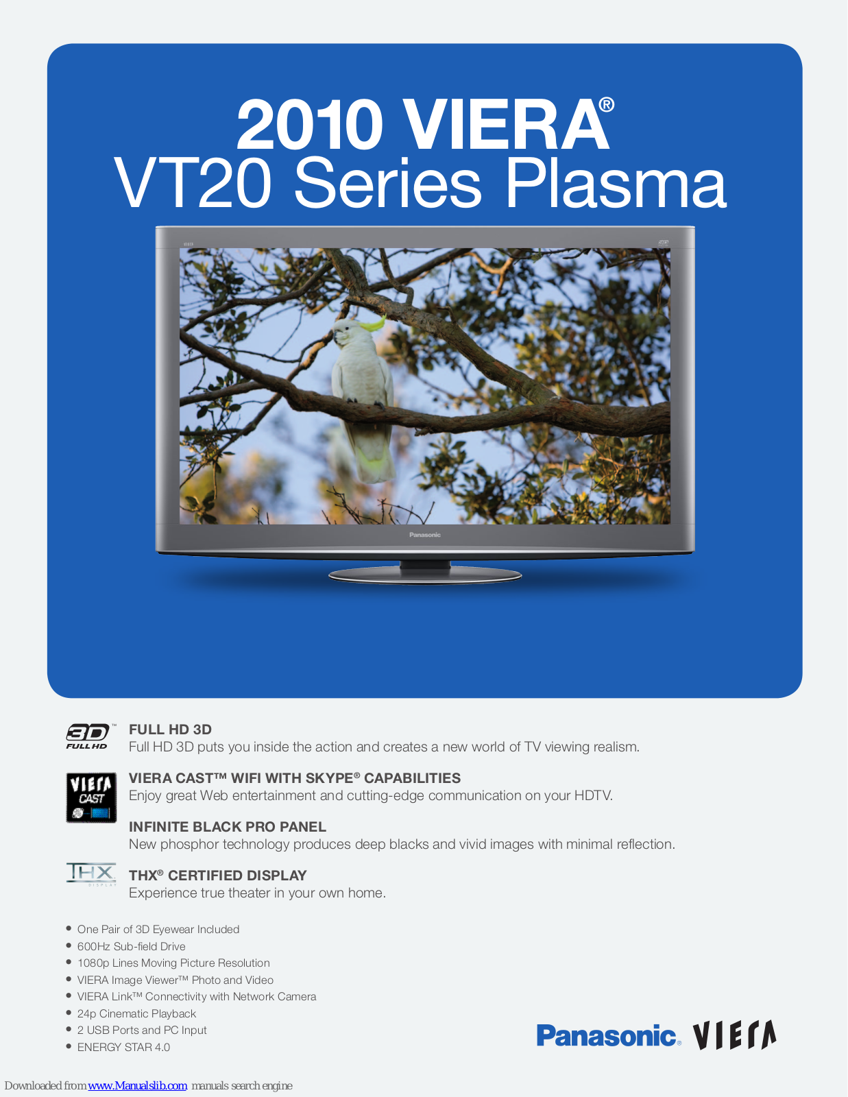 Panasonic Viera TC-P50VT20, Viera VT20 Specification Sheet