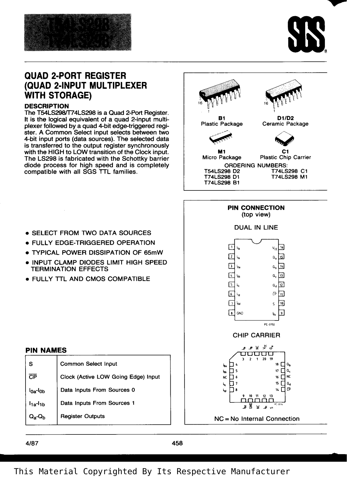 Datasheet T74LS298B1 Specification - ManualMachine.com