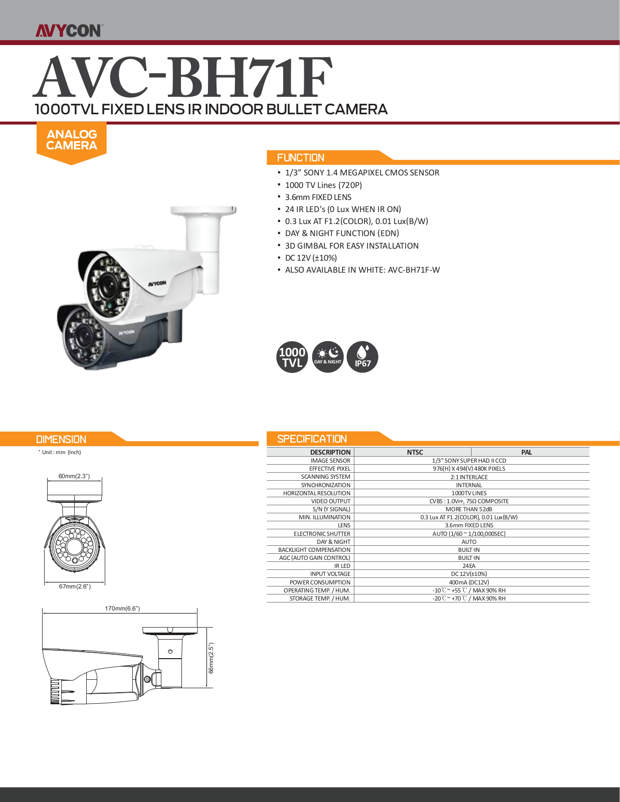 Avycon AVC-BH71F, AVC-BH71F-W Specsheet