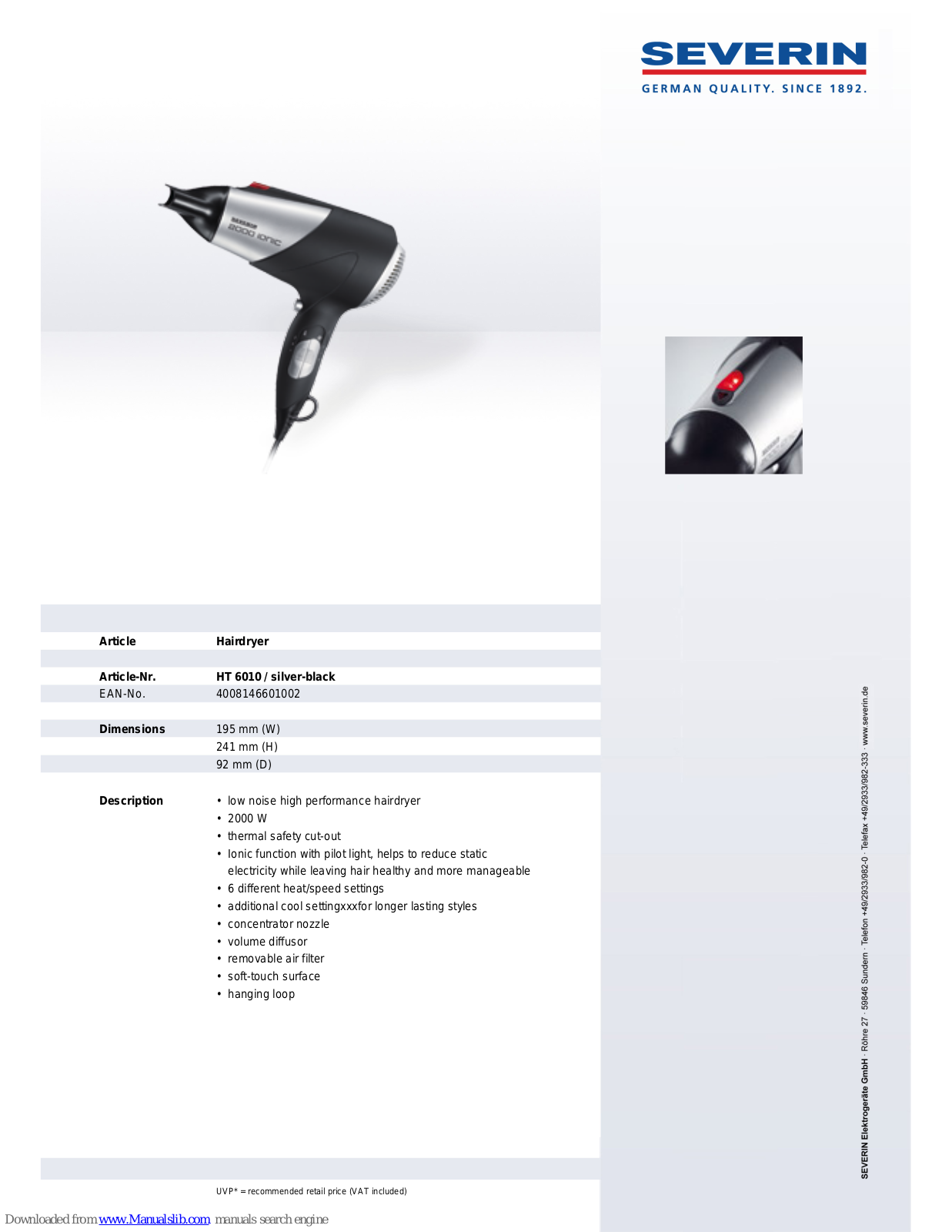 SEVERIN HAIRDRYER - DATASHEET 3,HT 6010,HT 6010 Dimensions