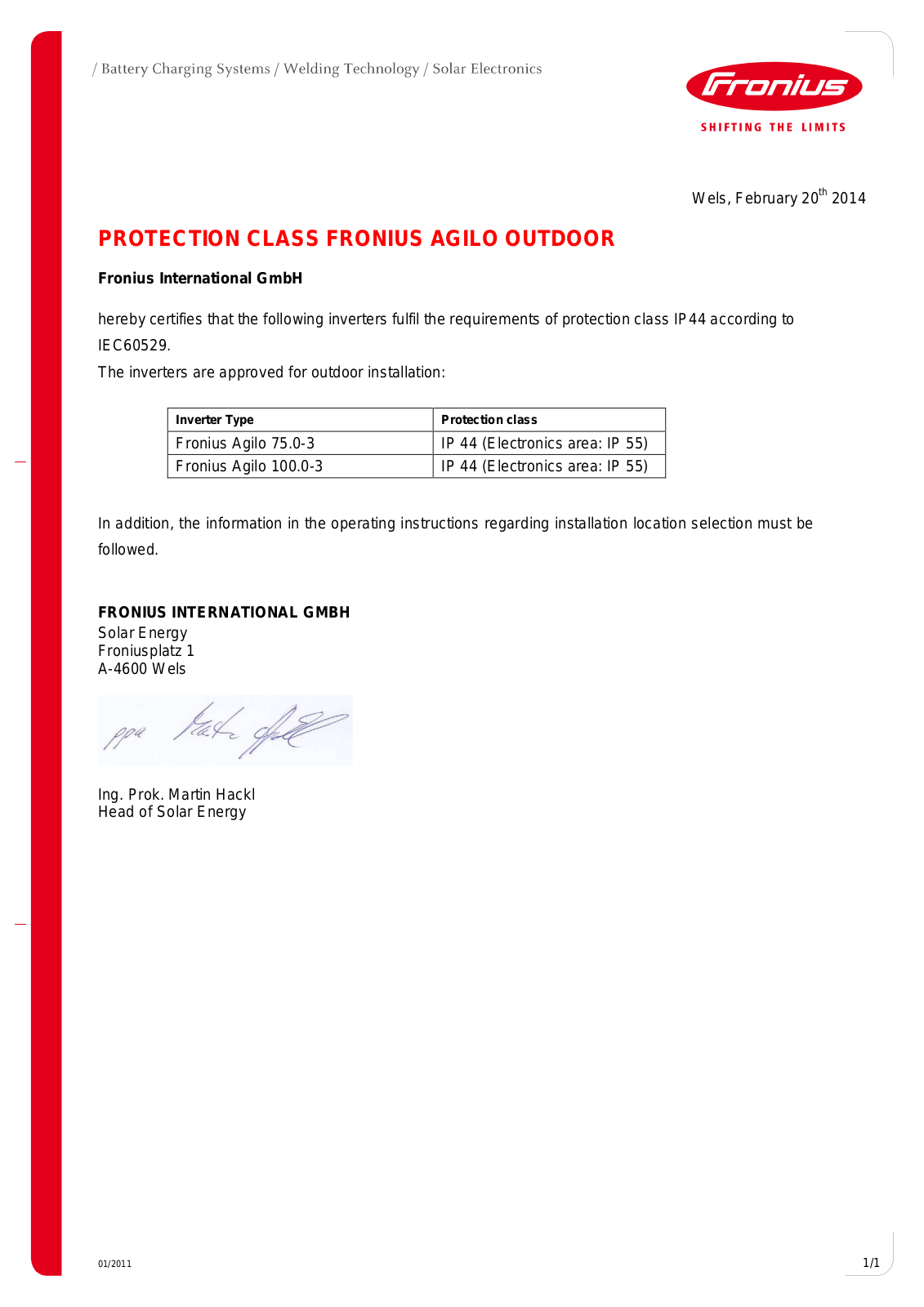 Fronius Protection class Fronius Agilo Certificate
