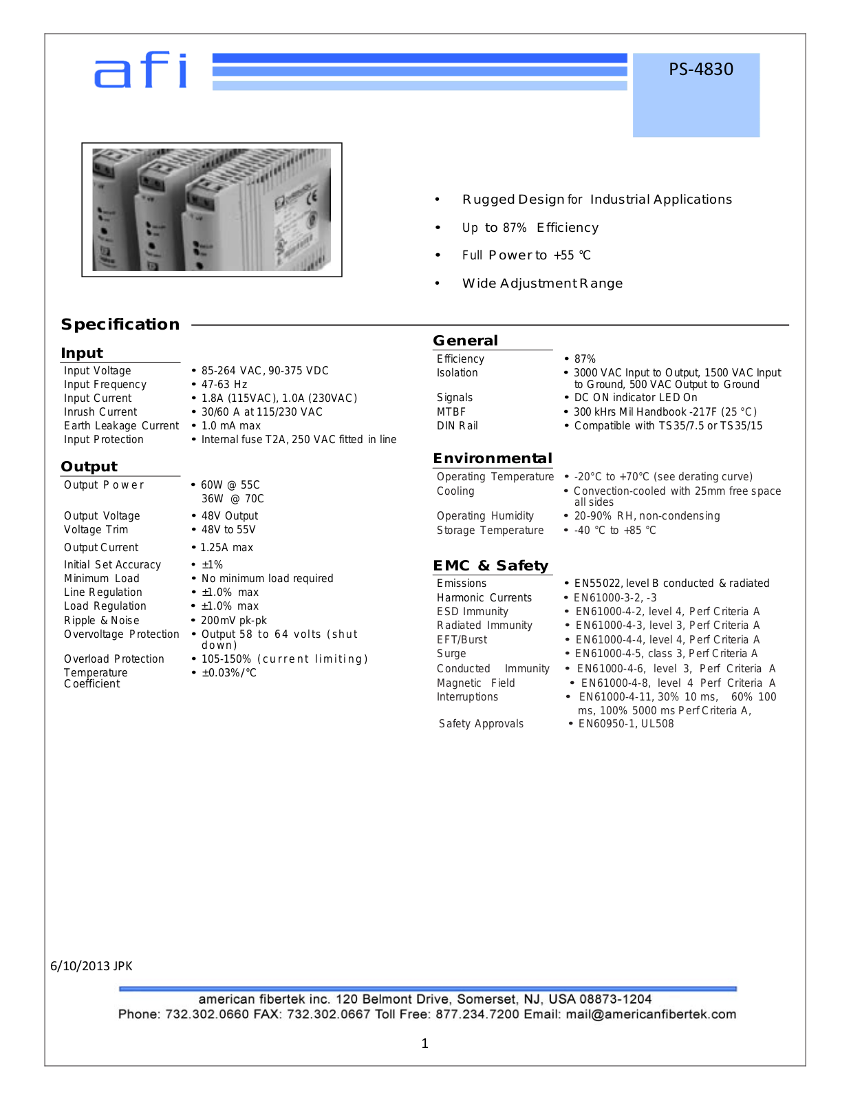 American Fibertek PS-4830-CE, PS-4830, PS-4830-US Specsheet