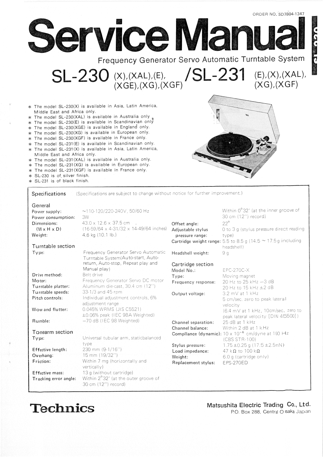 Technics SL-230, SL-231 Service Manual