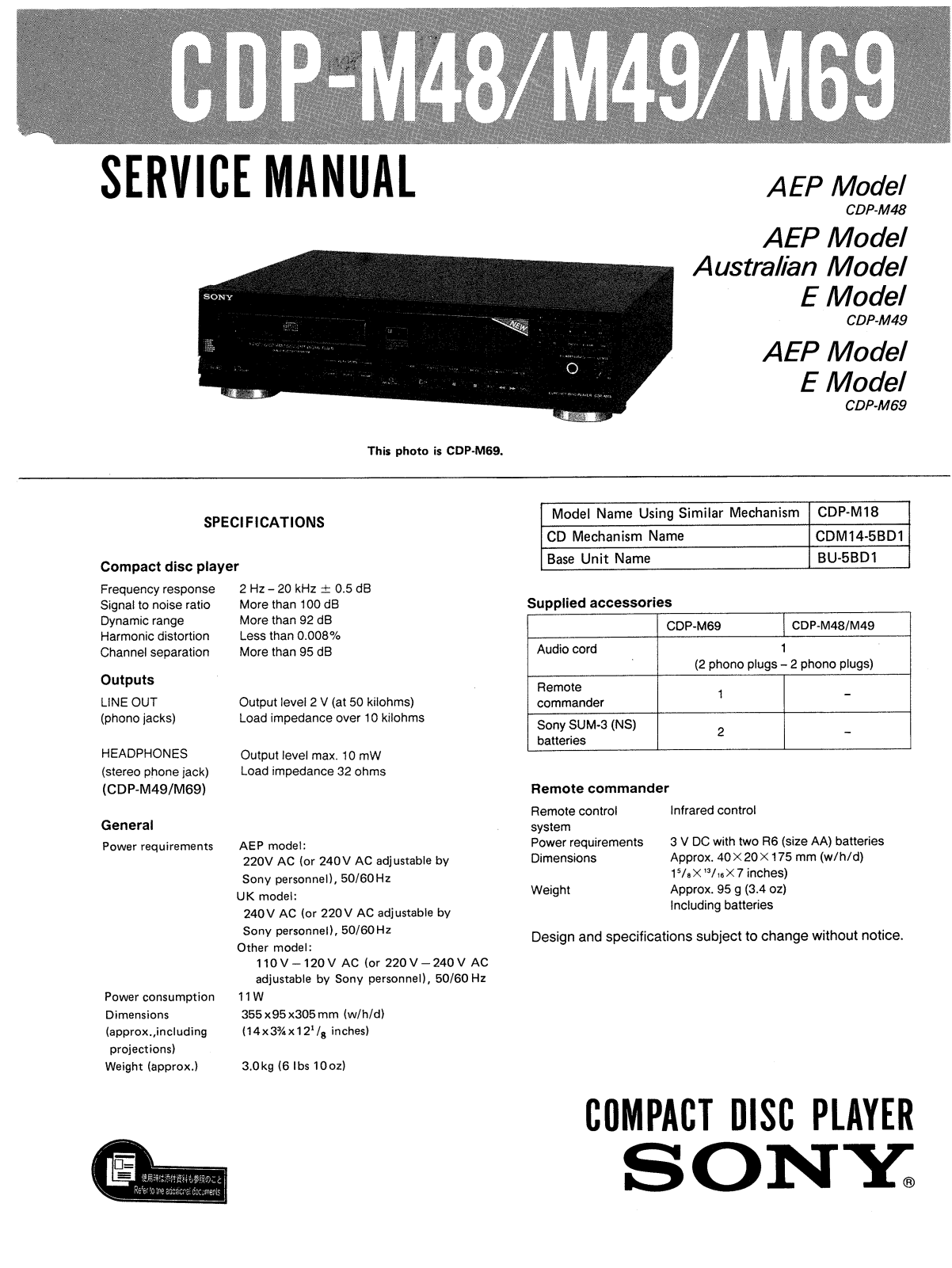 Sony CDP-M48, CDP-M49, CDP-M69 Schematic