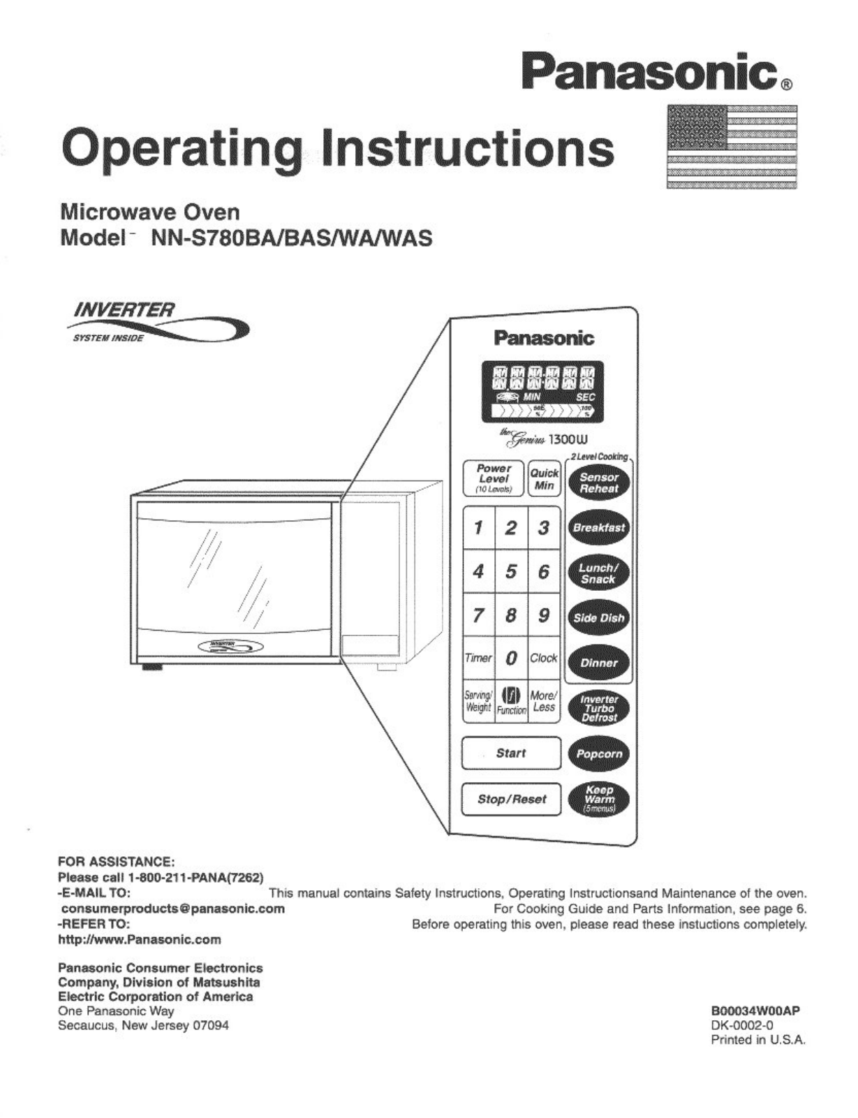 Panasonic Nn-s780ba, Nn-s780bas, Nn-s780wa, Nn-s780was Owner's Manual