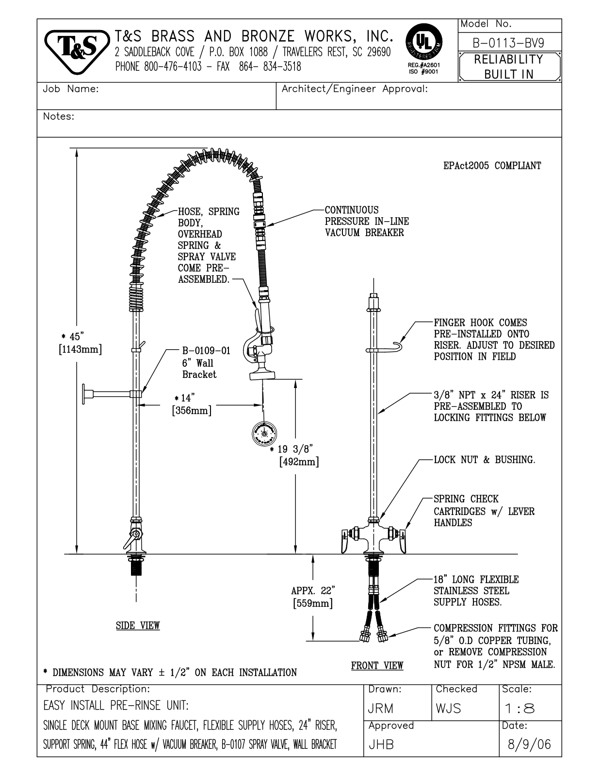 T&S Brass B-0113-BV9 User Manual