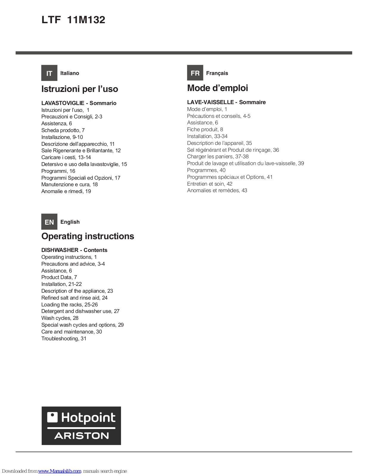 Hotpoint LTF 11M132 Operating Instructions Manual