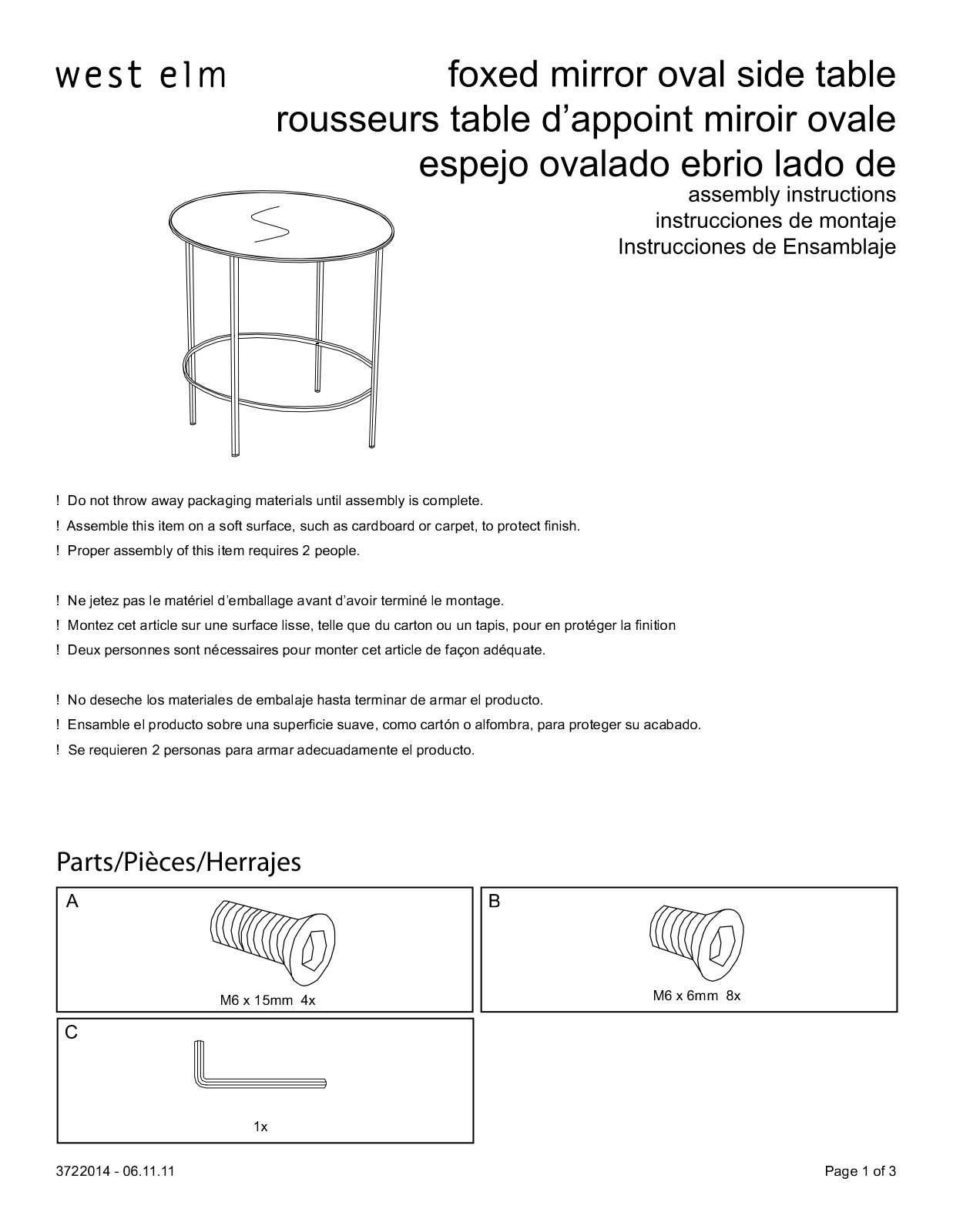 West Elm Foxed Mirror Side Table Assembly Instruction