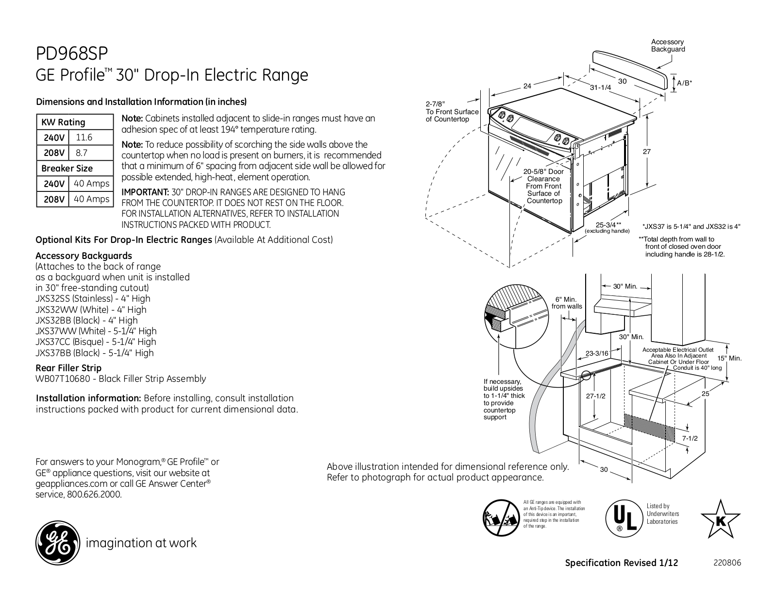 GE PD968SPSS Specification Sheet