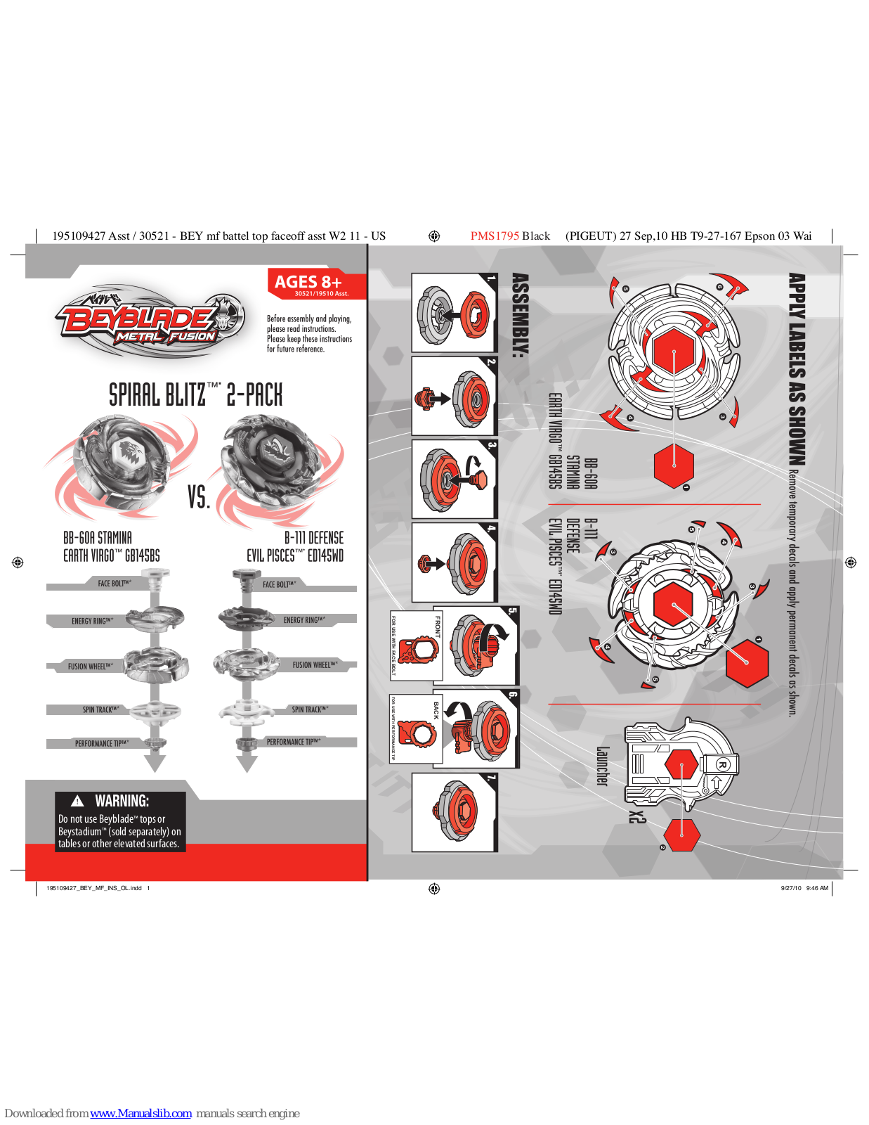 Beyblade Spiral Blitz 2-Pack, BB-60A, B-111, Earth Virgo GB145BS, Evil Pisces ED145WD Instructions Manual - ManualMachine.com