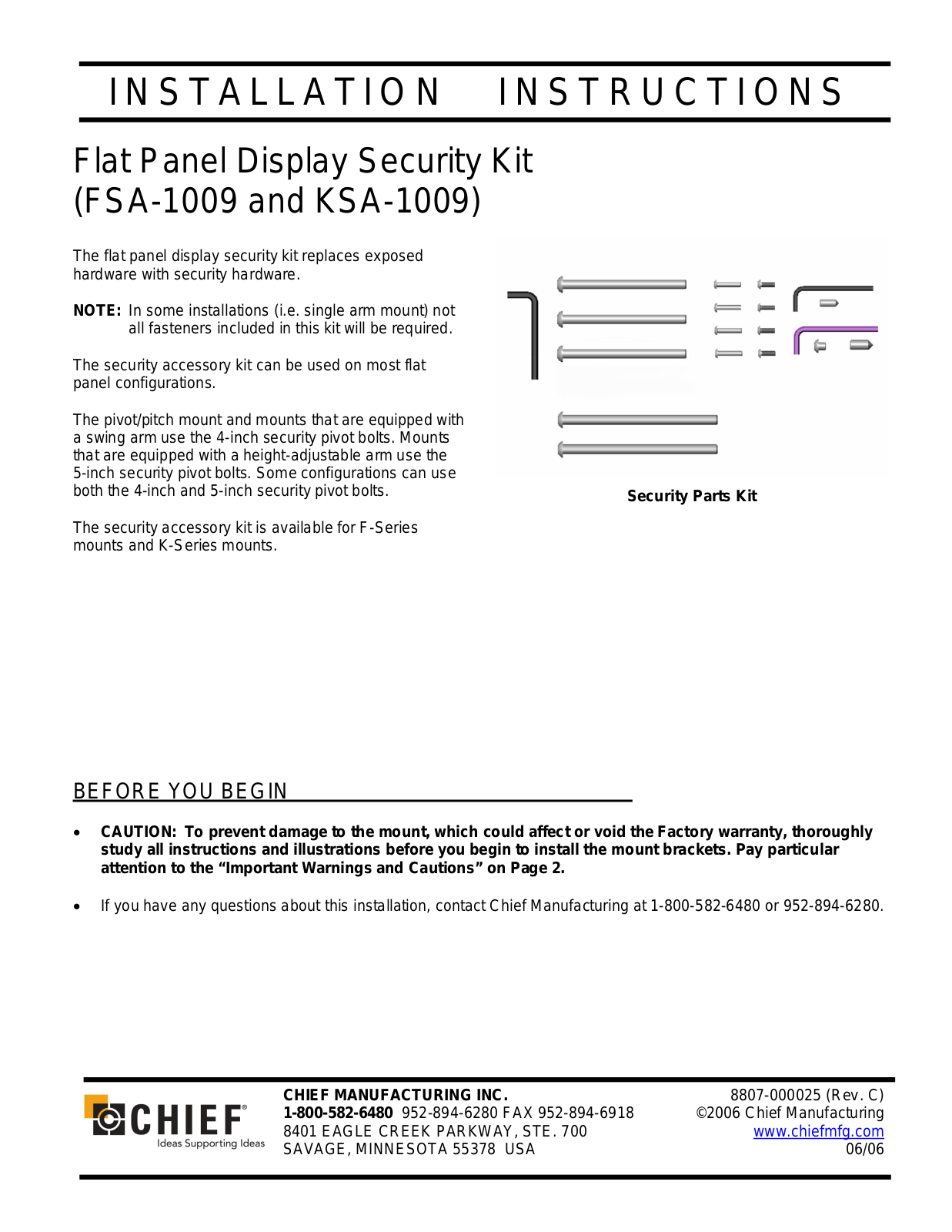 Chief Manufacturing KSA-1009, FSA-100 User Manual