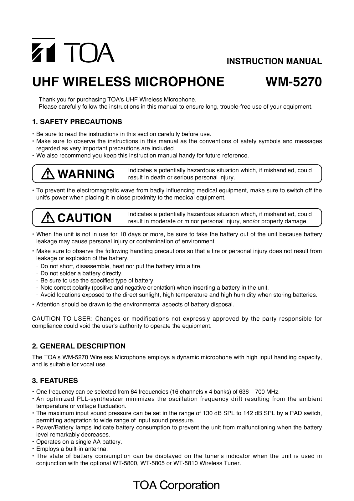 TOA WM-5270A User Manual