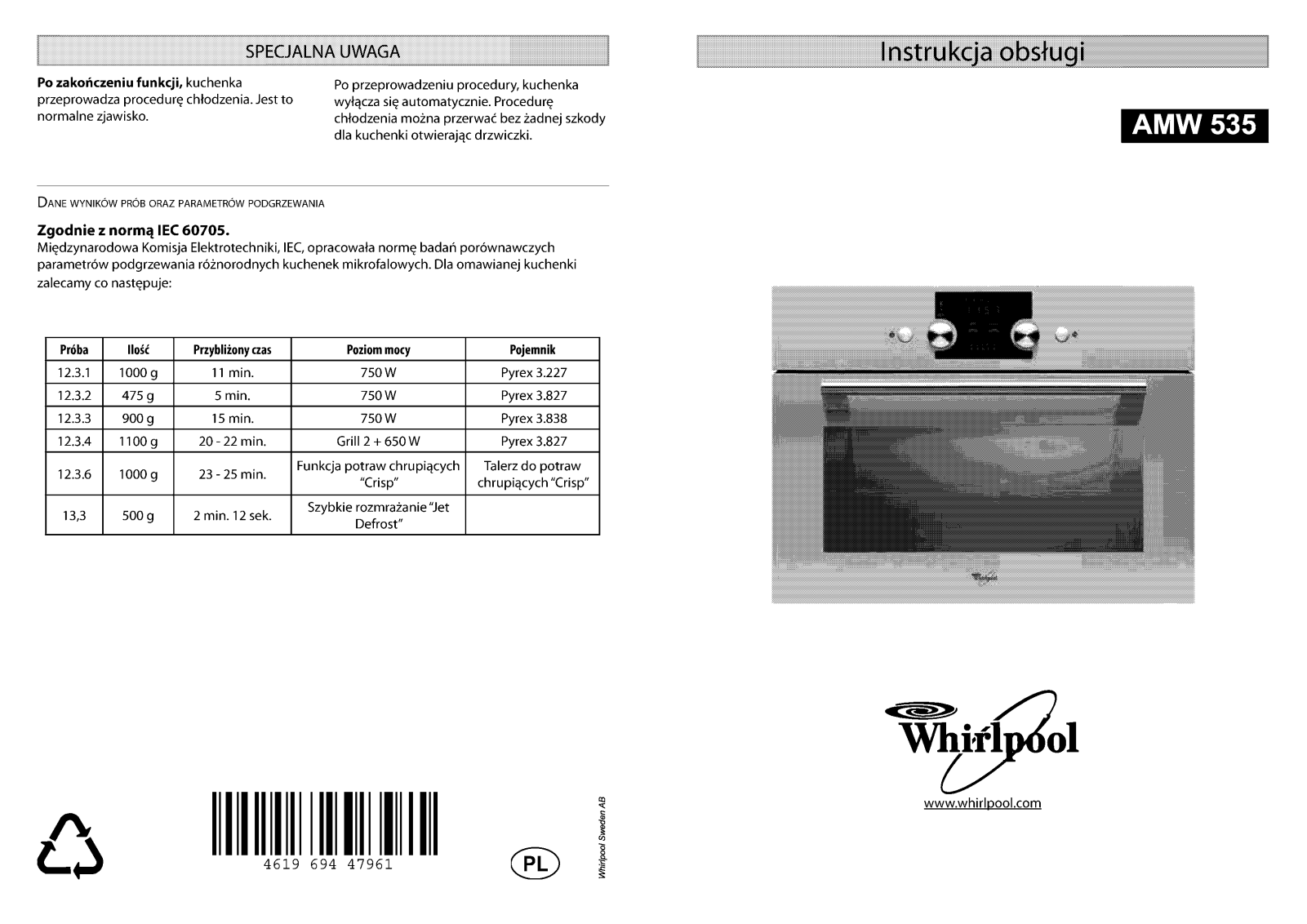 WHIRLPOOL AMW 535 IX User Manual