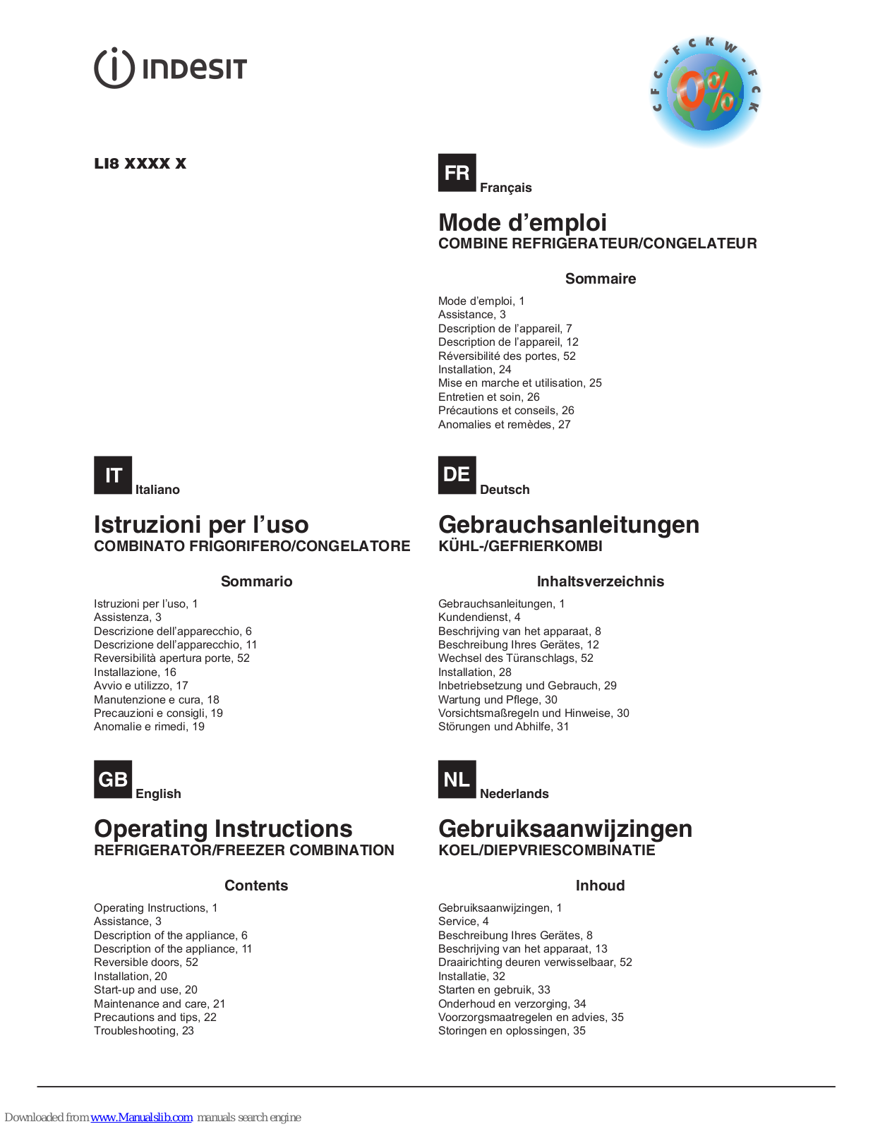 Indesit LI8 series, LI80 Series Operating Instructions Manual