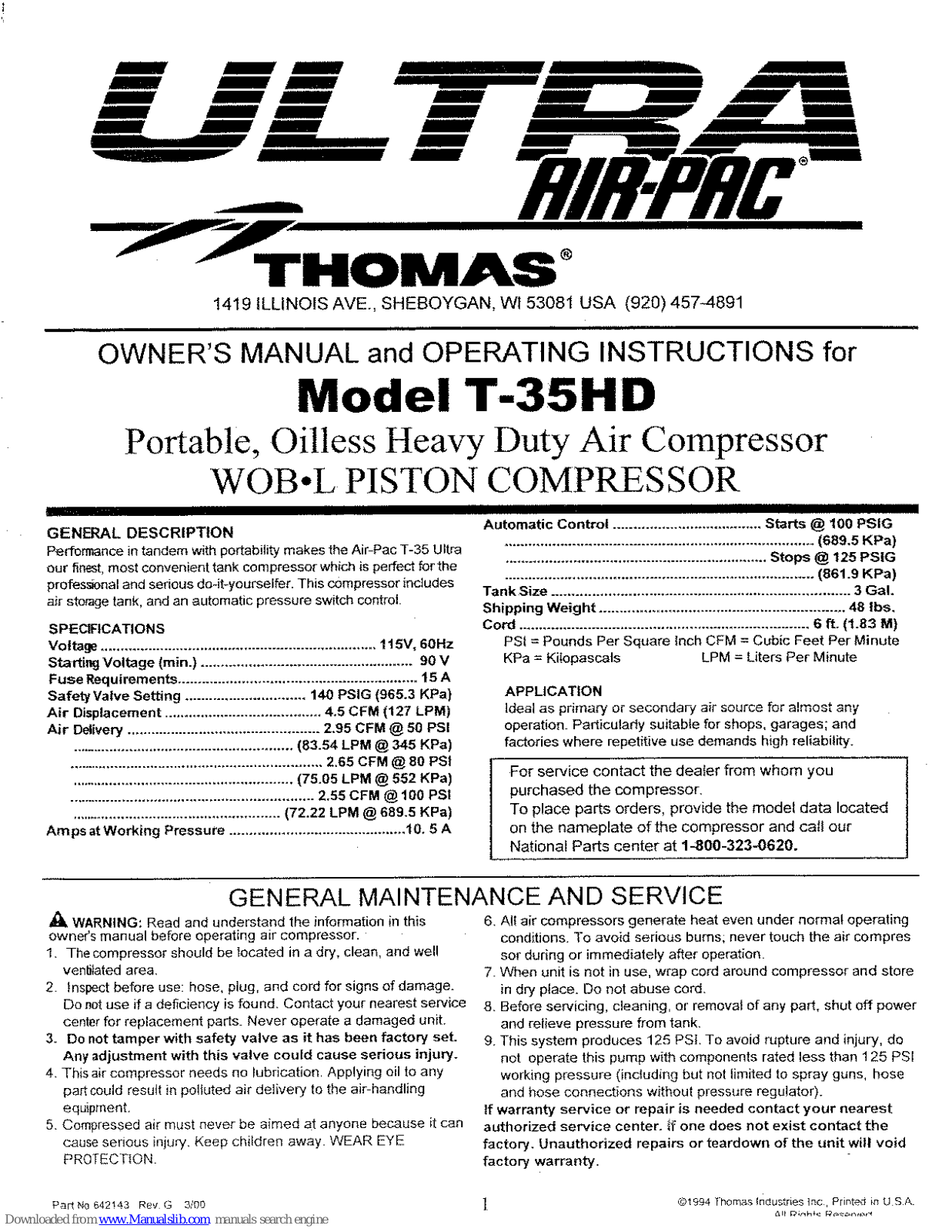 Thomas Air=Pac T-35HD Owner's Manual And Operating Instructions