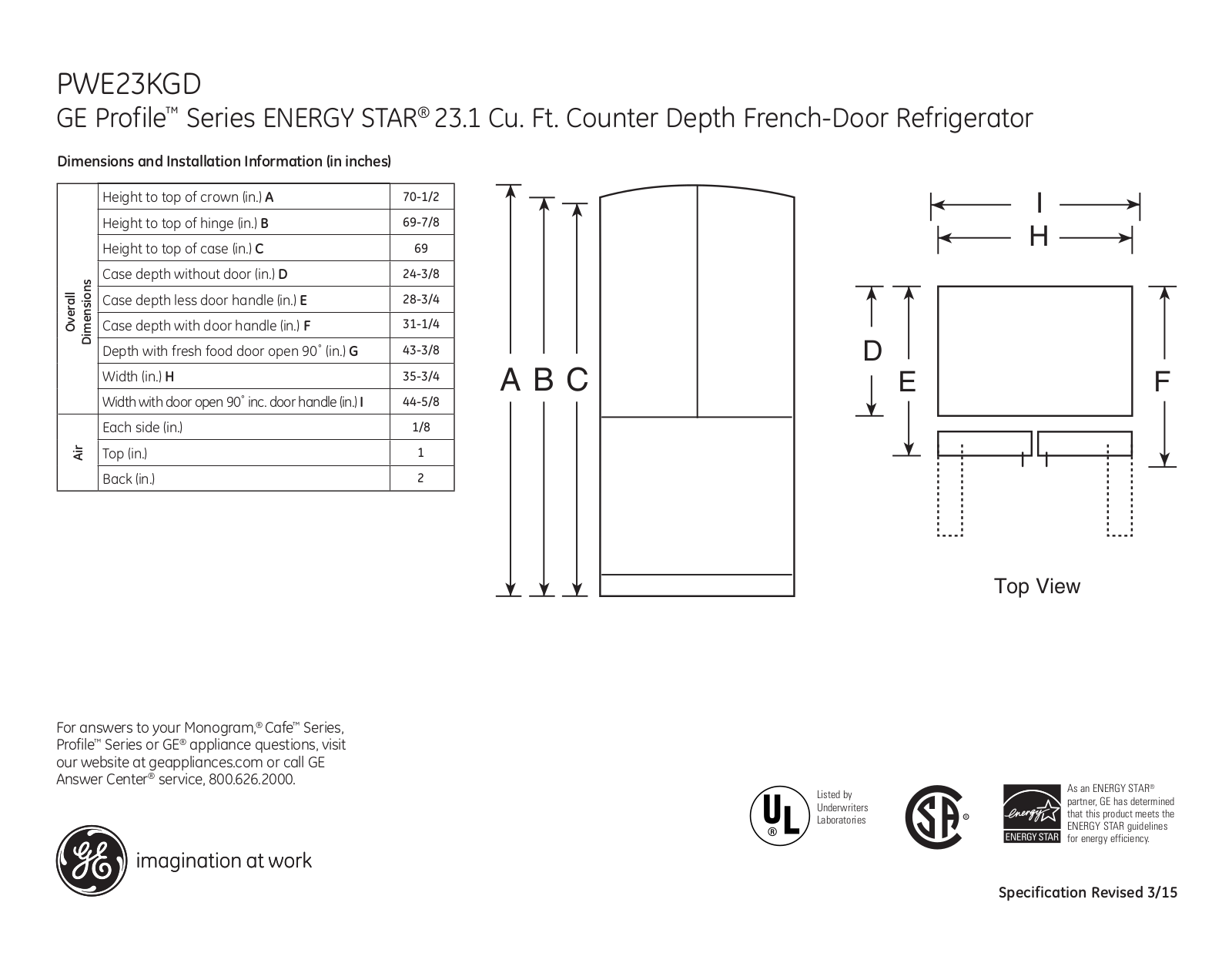 GE PWE23KGD Specification