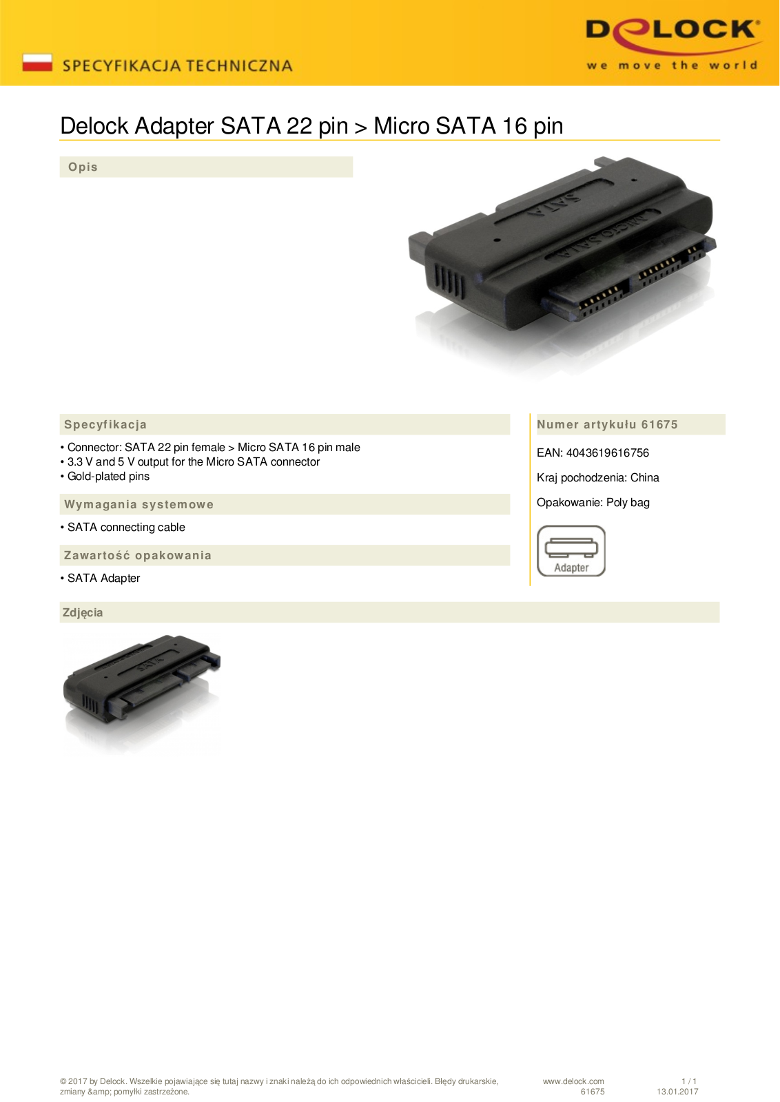 DeLOCK adapter SATA 22 pin - Micro SATA 16 pin User Manual