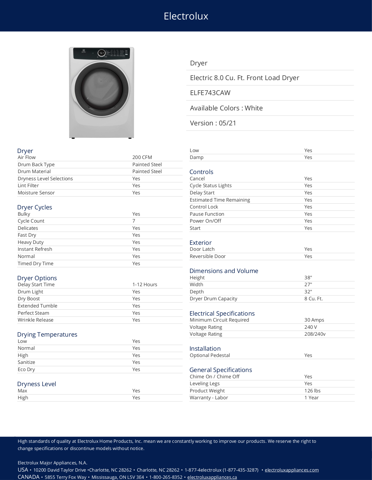 Electrolux ELFE743CAW PRODUCT SPECIFICATIONS