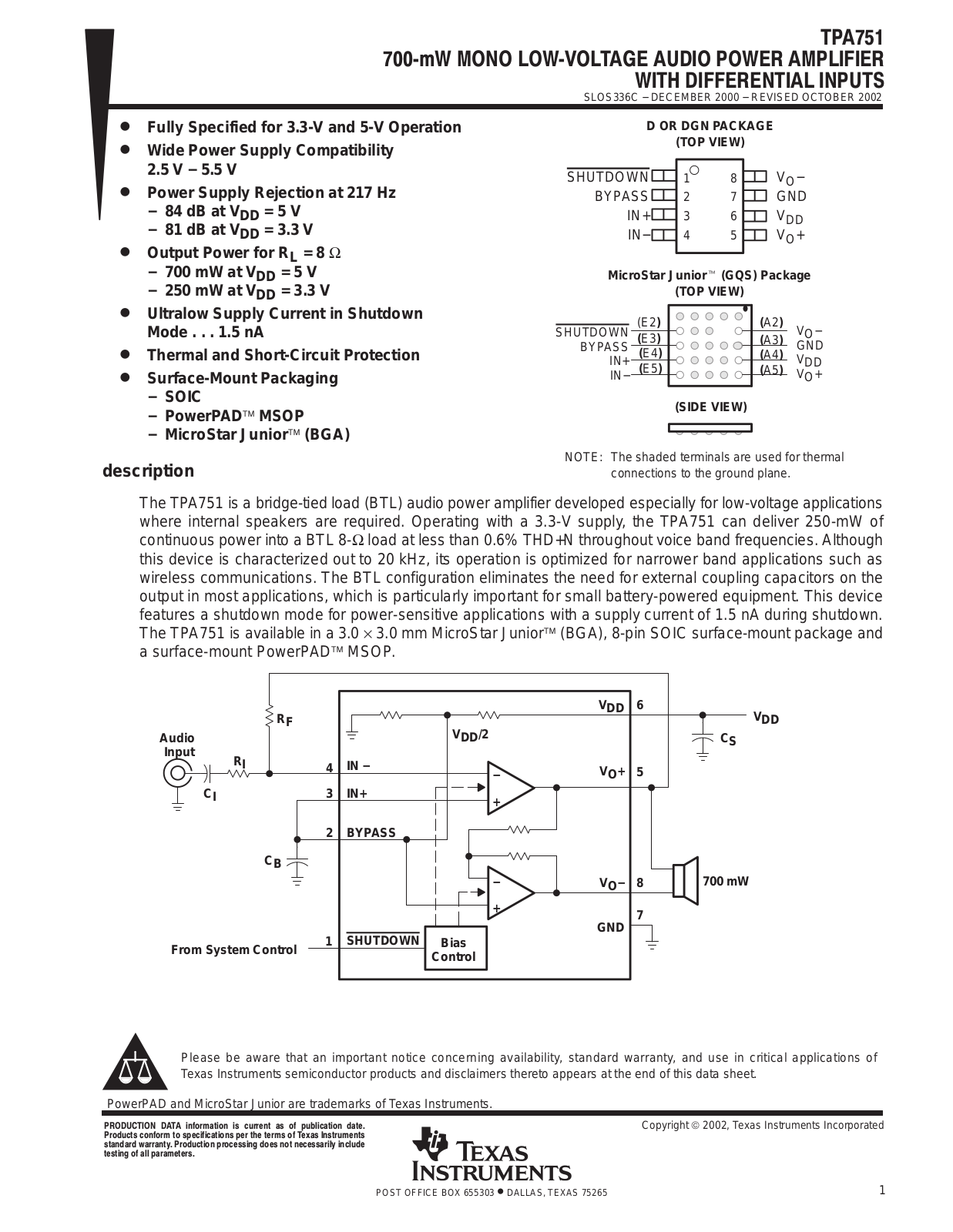 TEXAS INSTRUMENTS TPA751 Technical data