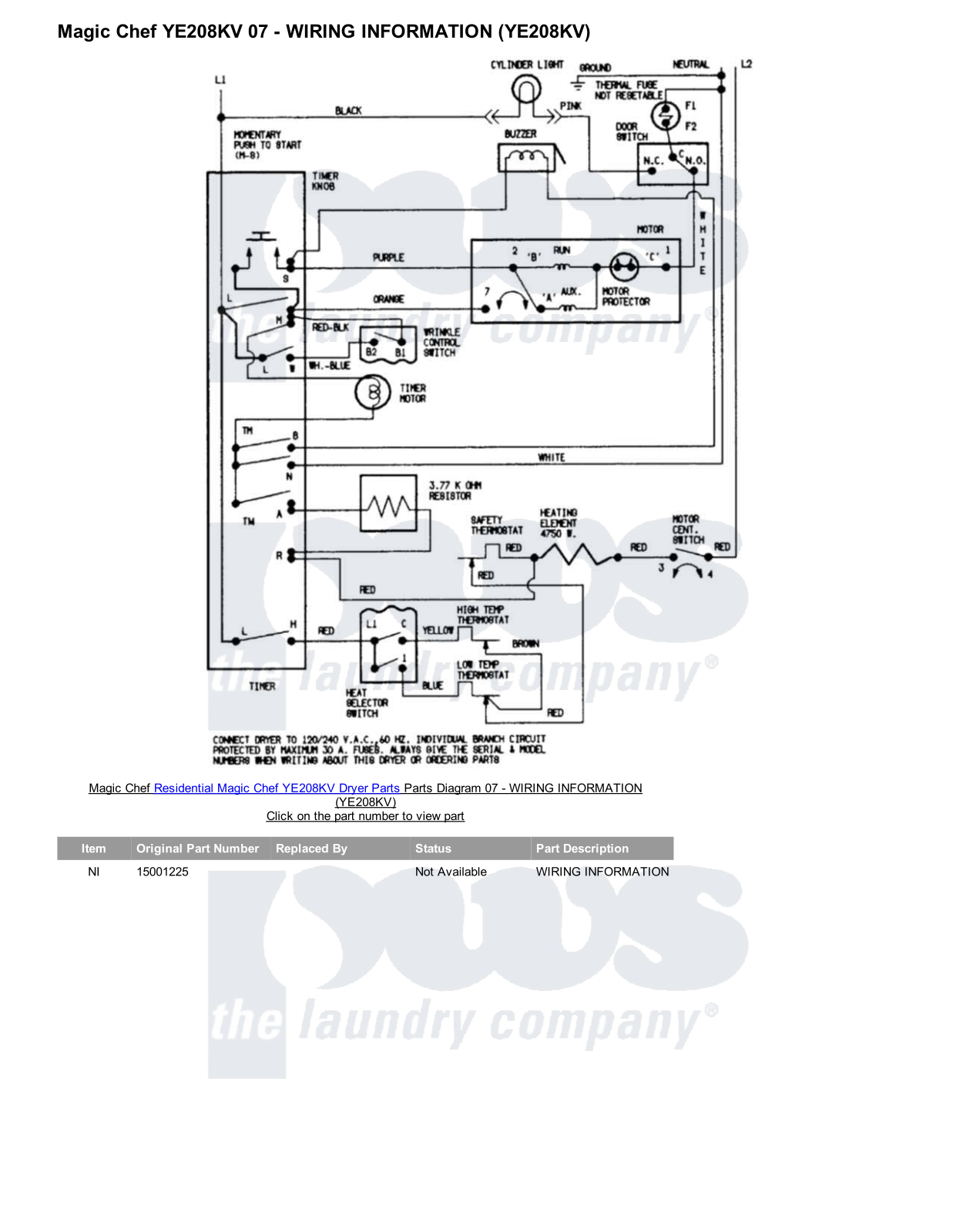 Magic Chef YE208KV Parts Diagram