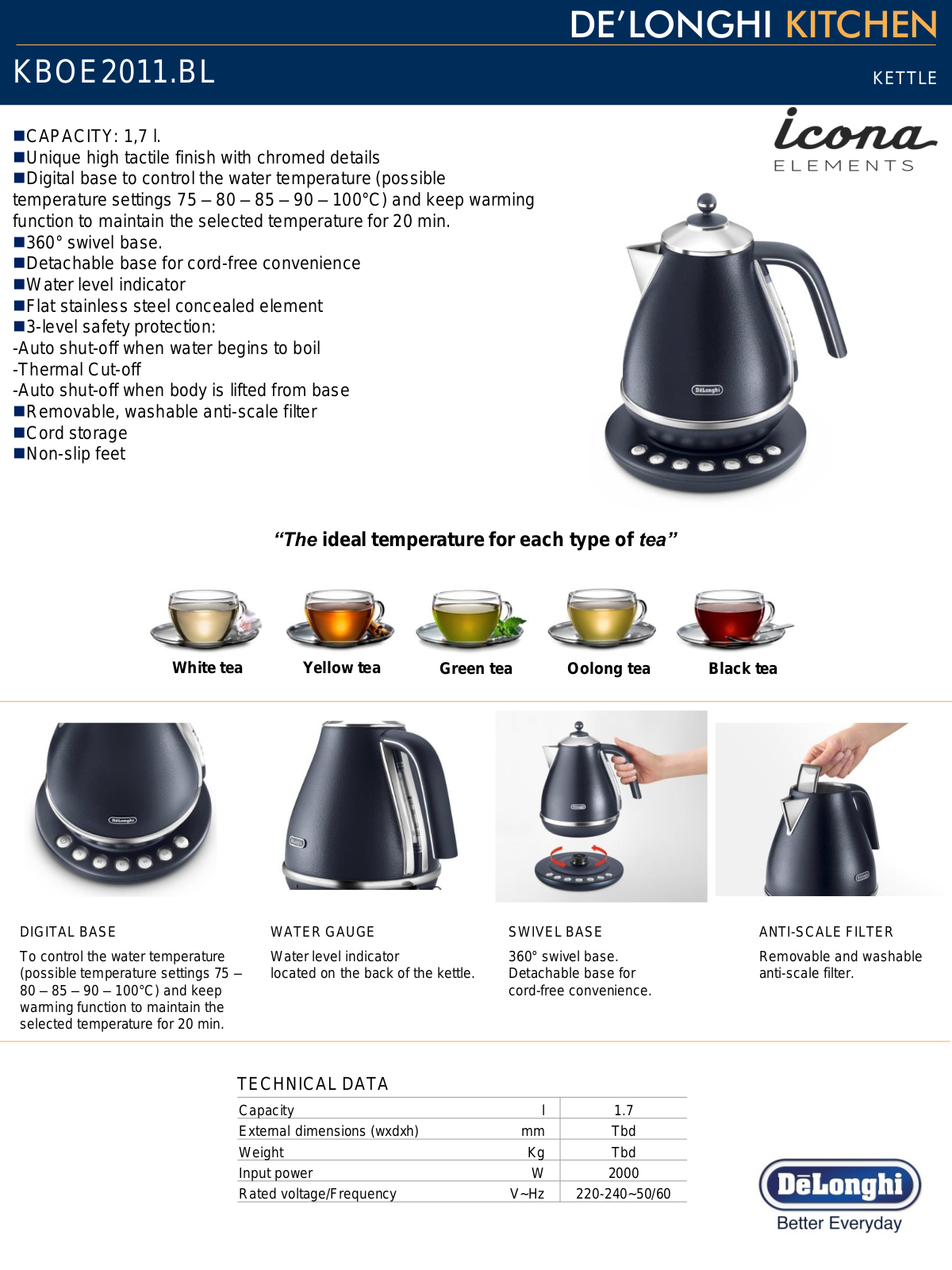 Delonghi KBOE2011BL Specifications Sheet