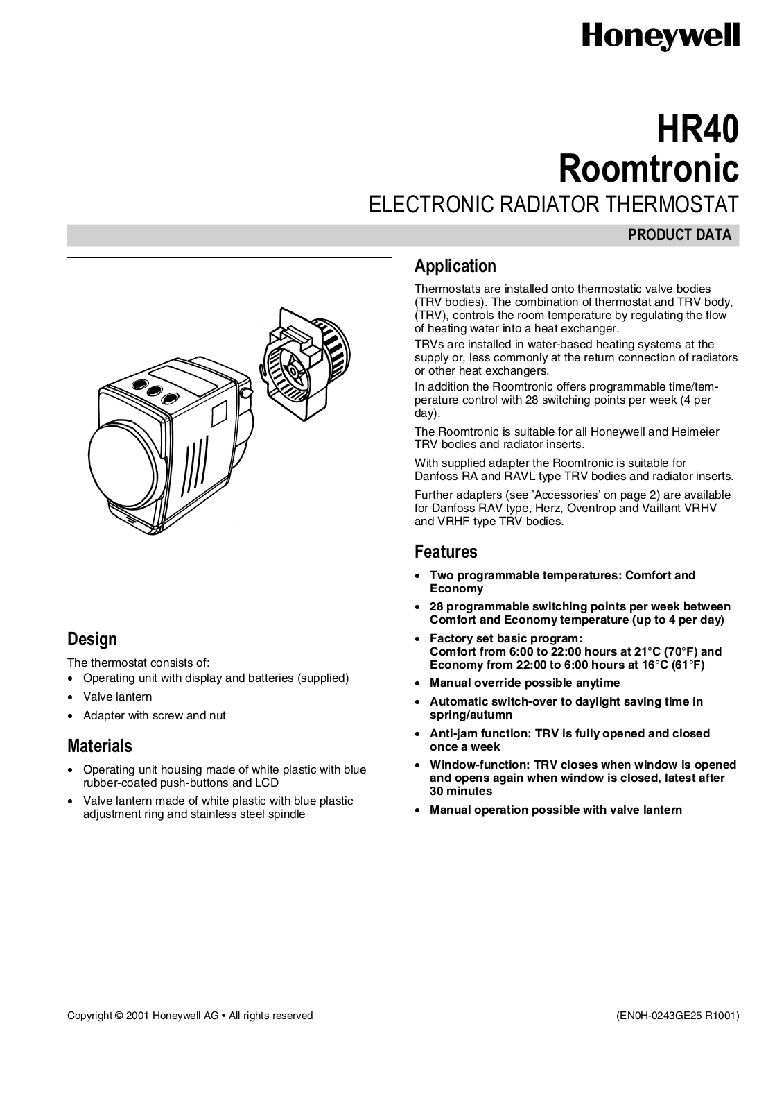 Honeywell HR40 PRODUCT DATA