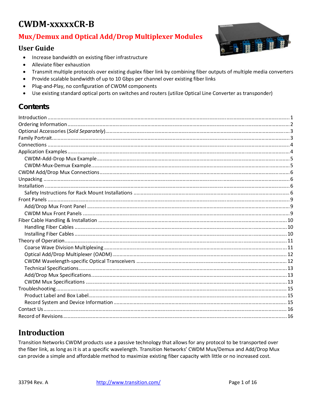 Transition Networks CWDM-M551LCR-B, CWDM-A2A831LCR-B, CWDM-M947LCR-B, CWDM-A2A833LCR-B, CWDM-A2A835LCR-B User Manual