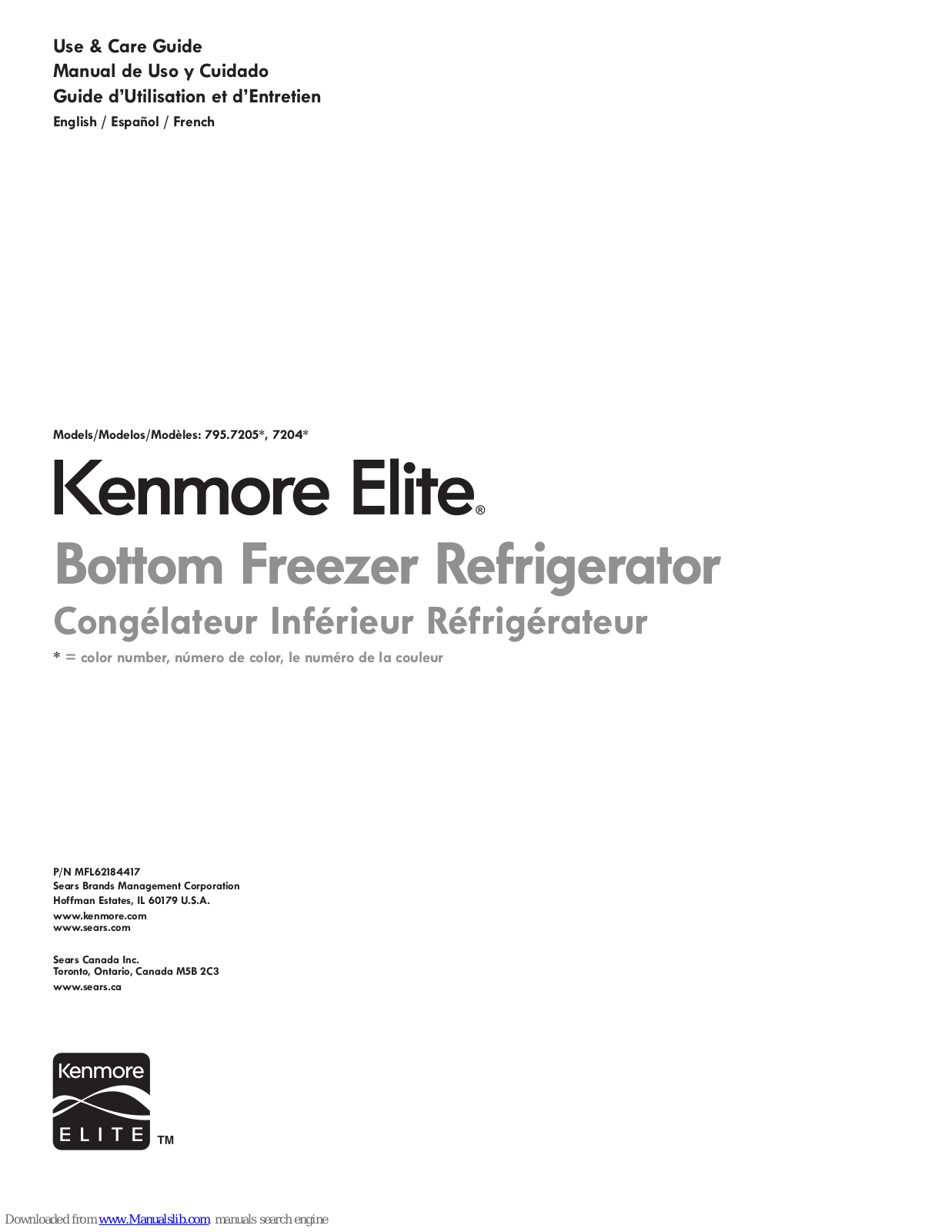 Kenmore 795.7205 Series, 7204 Series, Elite 795.7205 Series, Elite 795.7204 Series Use & Care Manual