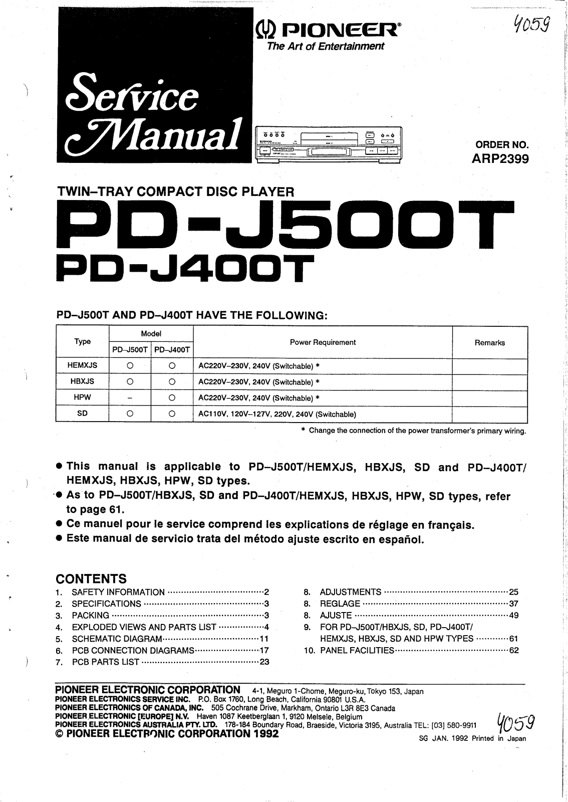 Pioneer PD-J400T, PD-J500T Service Manual