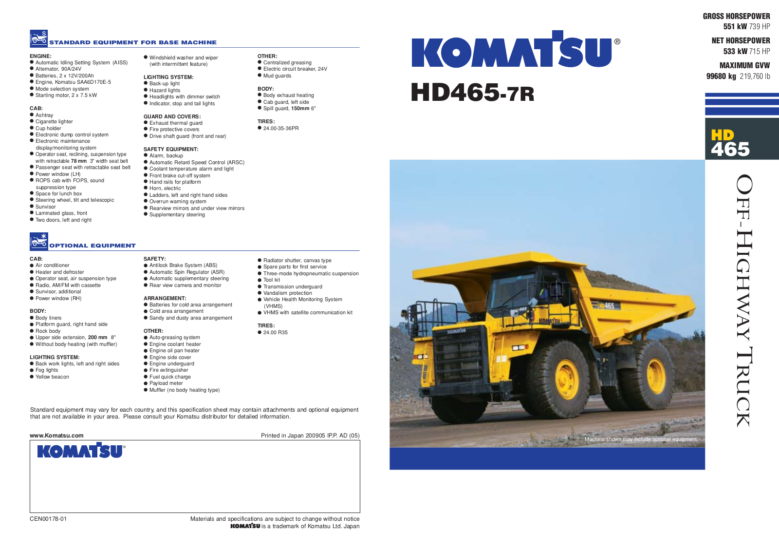 komatsu HD465-7R SPECIFICATIONS