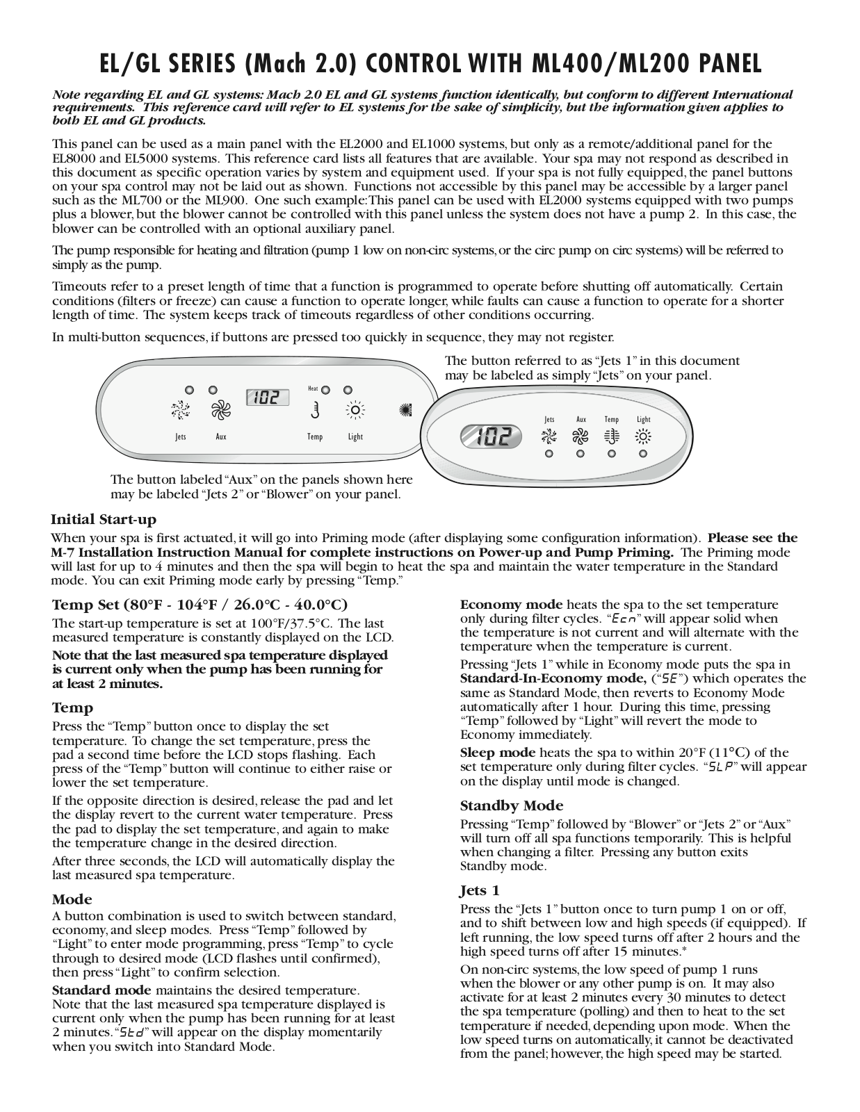 Balboa Water Group ML200 Quick Reference