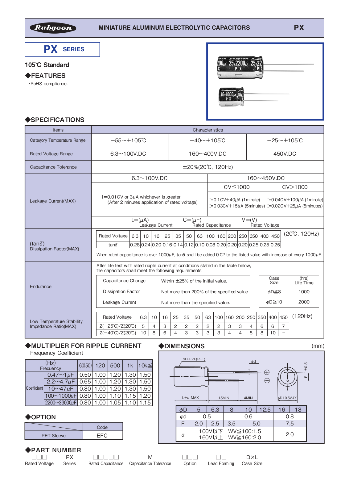 Datasheet Rubycon [radial thru-hole] PX series Datasheet - ManualMachine.com