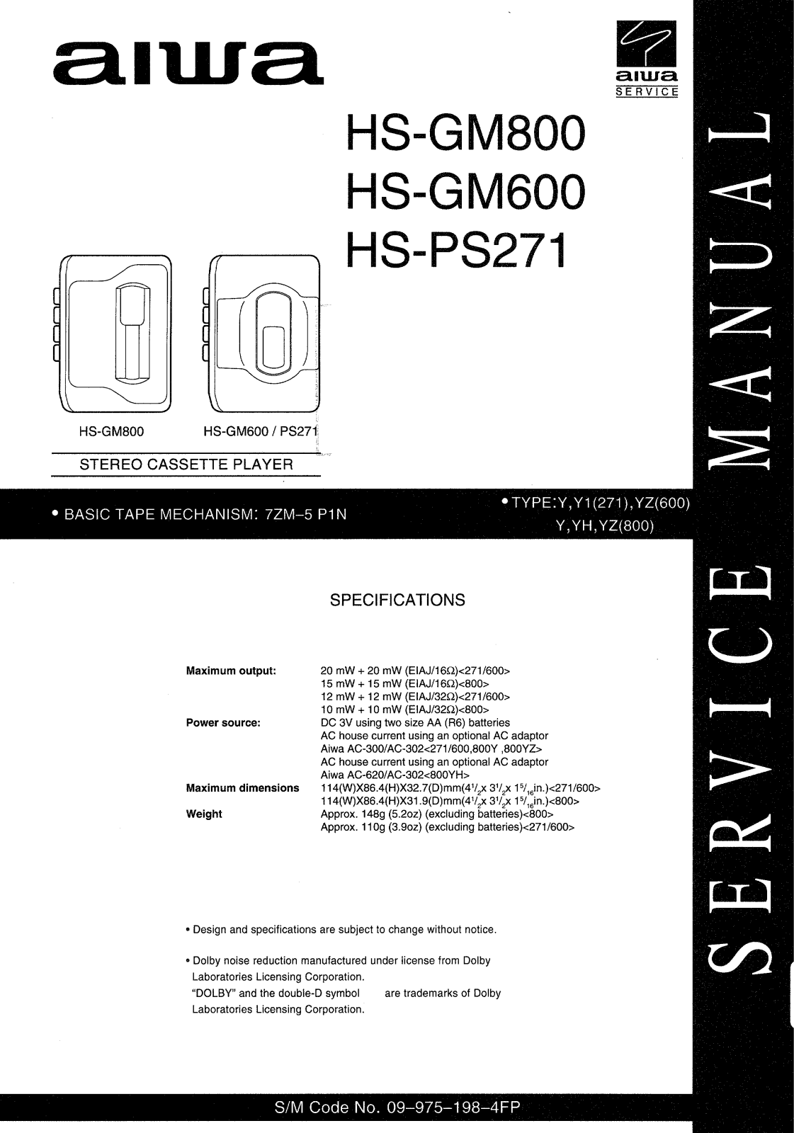 Aiwa HS-GM600, HS-GM800, HS-PS271 Service Manual