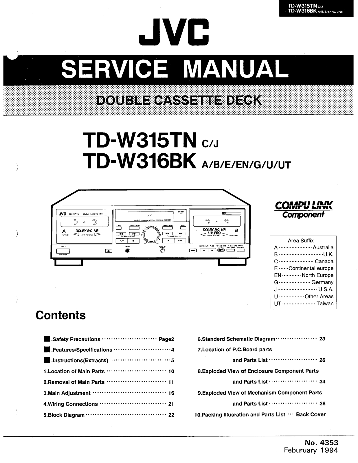 JVC TD-W315TNC, TD-W315TNJ, TD-W316BKA, TD-W316BKB, TD-W316BKE Service Manual