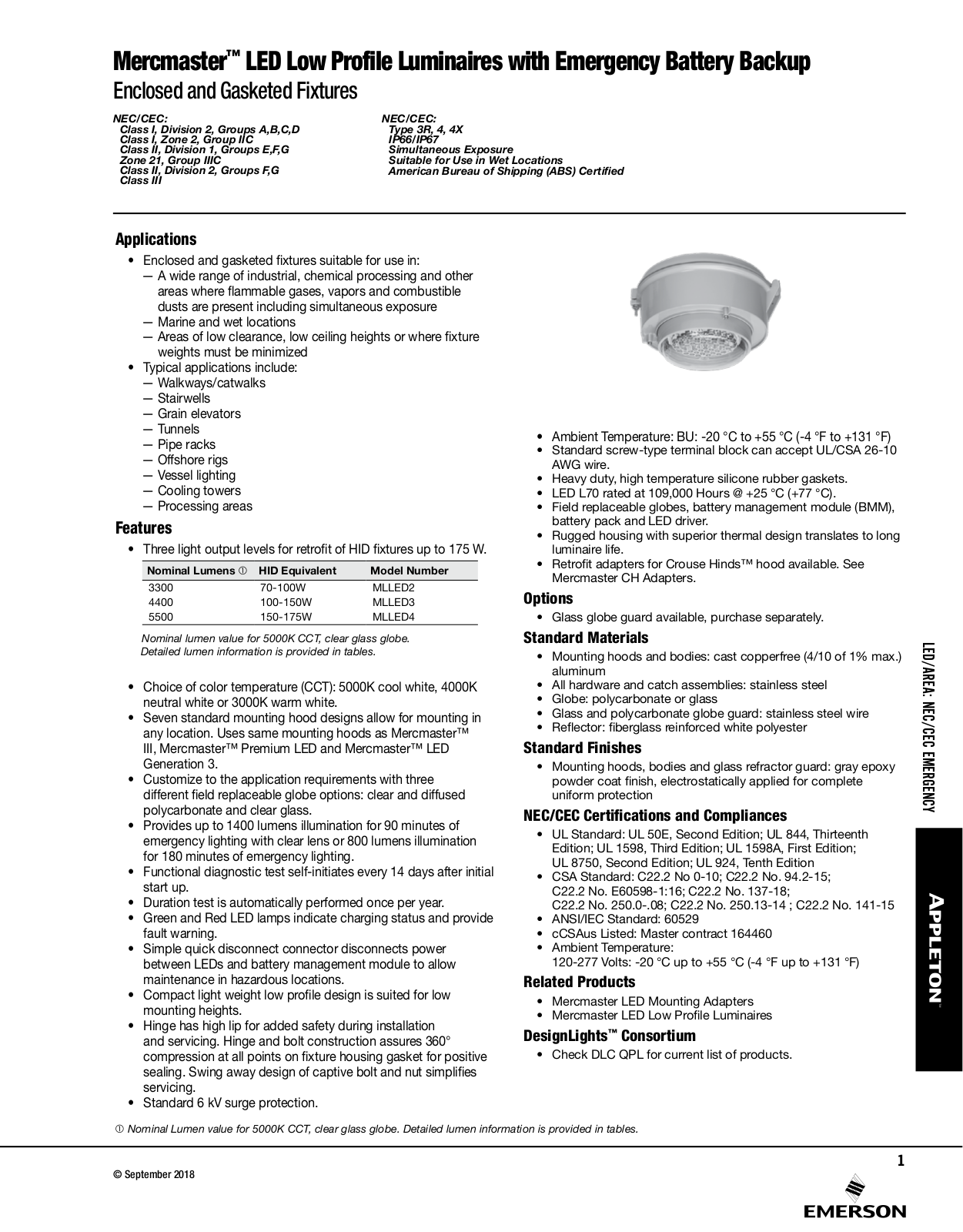 Appleton Mercmaster™ LED Low Profile Luminaires with Emergency Battery Backup Catalog Page