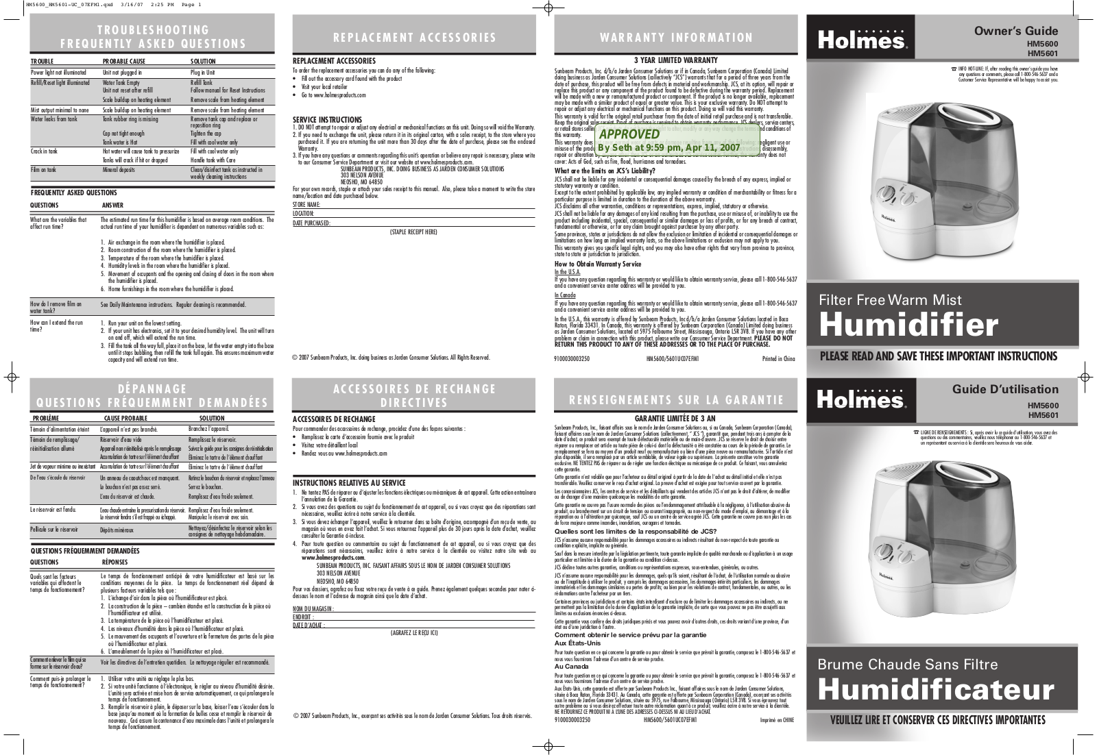 Holmes HM5601, HM5600 Owner's Manual